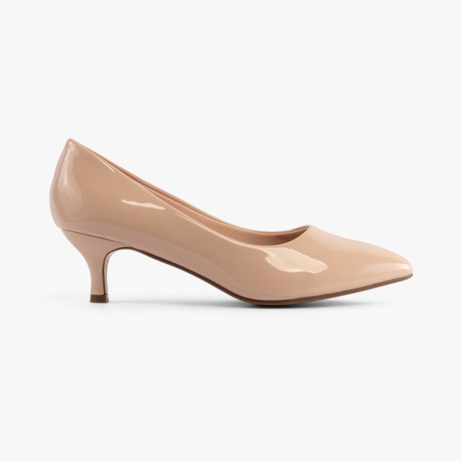 Comfort Plus TEXAS Womens Shoes Nude - Patent side view of a court shoe with a kitten heel and a glossy finish.