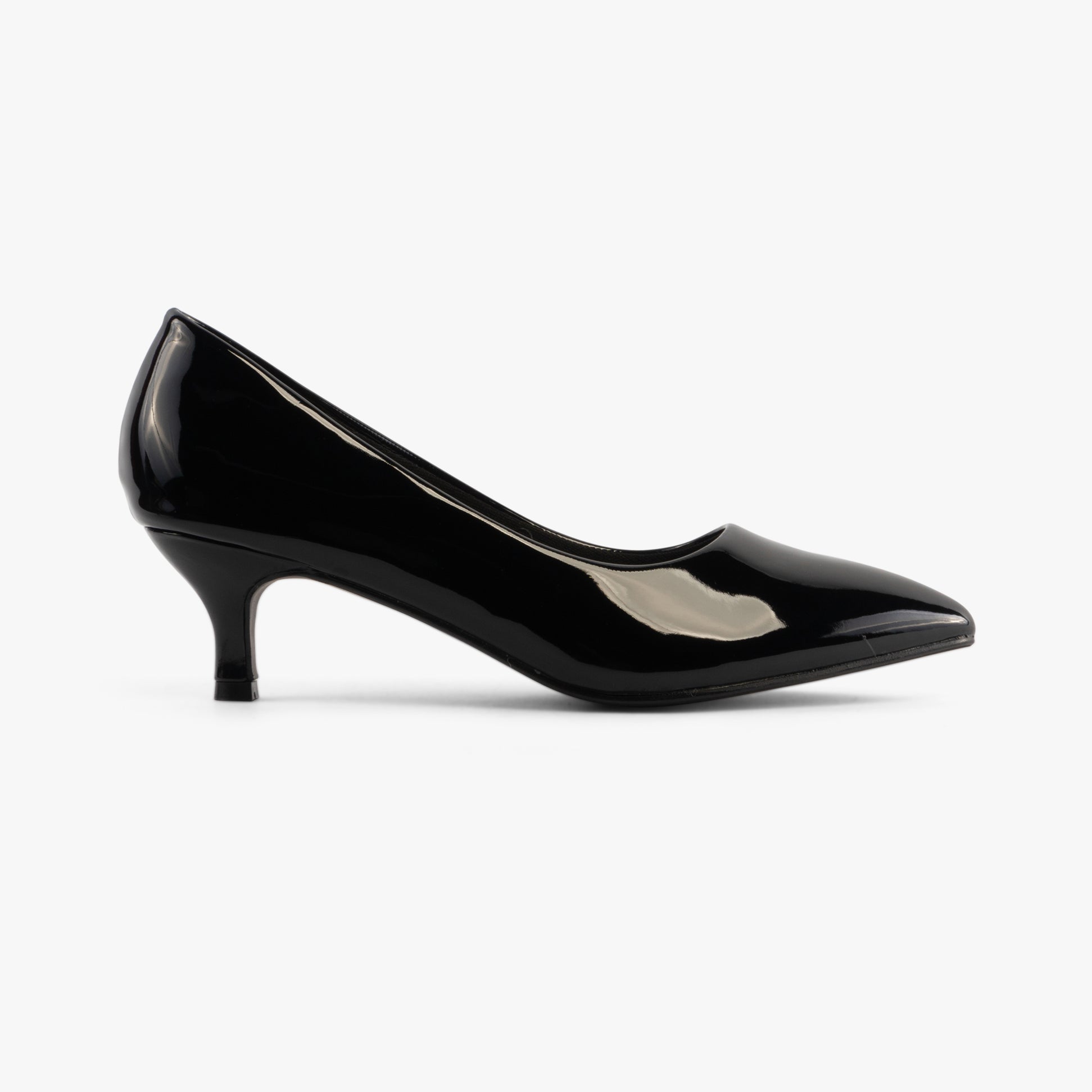 Comfort Plus TEXAS Womens Shoes Black - Patent side view featuring a sleek faux leather court style with a medium heel.