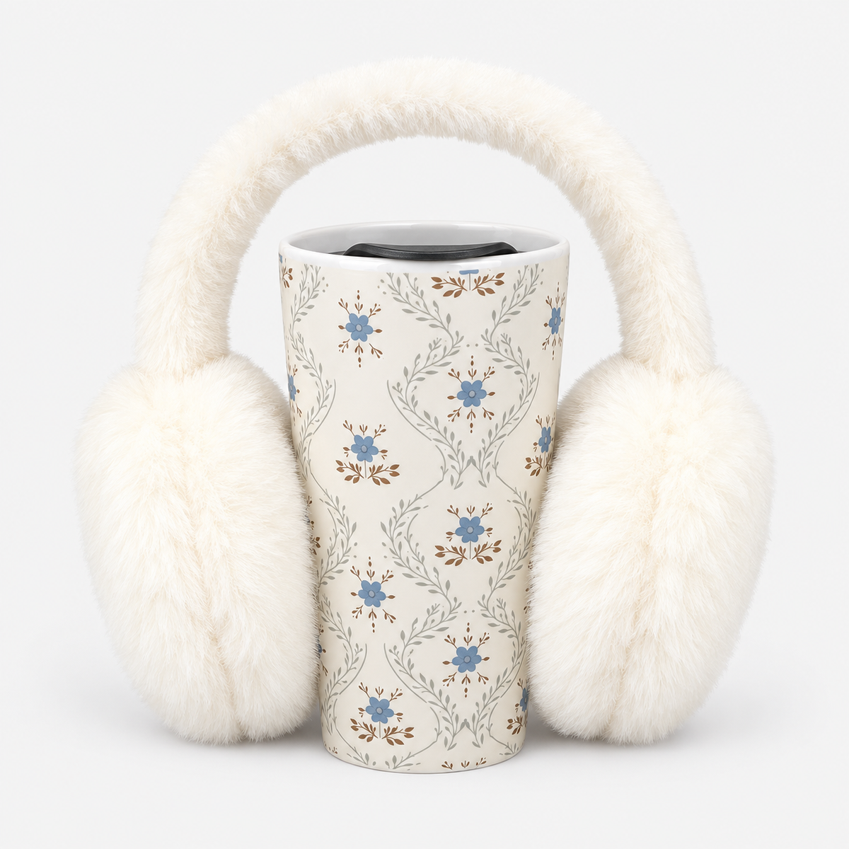 Totes Toasties CERAMIC TRAVEL MUG & EARMUFF SET Womens Earmuffs Blue Floral / Cream