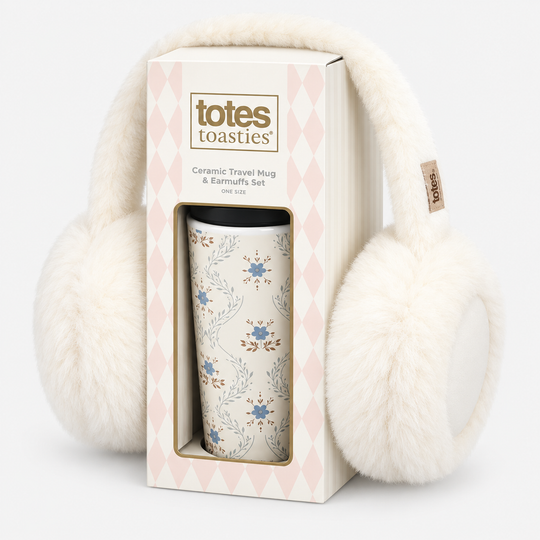 Totes Toasties CERAMIC TRAVEL MUG & EARMUFF SET Womens Earmuffs Blue Floral / Cream