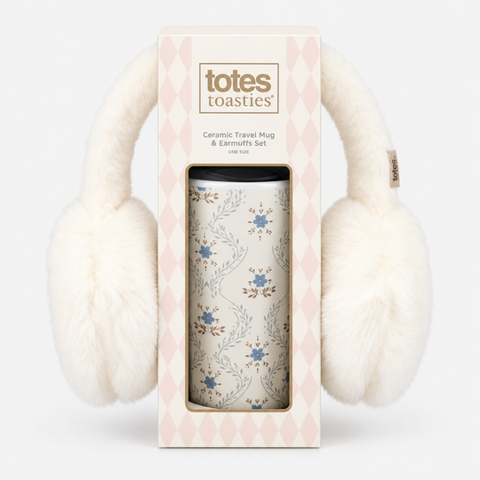 Totes Toasties CERAMIC TRAVEL MUG & EARMUFF SET Womens Earmuffs Blue Floral / Cream