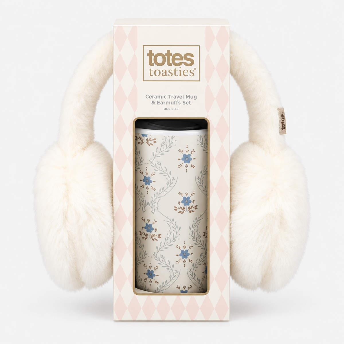 Totes Toasties CERAMIC TRAVEL MUG & EARMUFF SET Womens Earmuffs Blue Floral / Cream