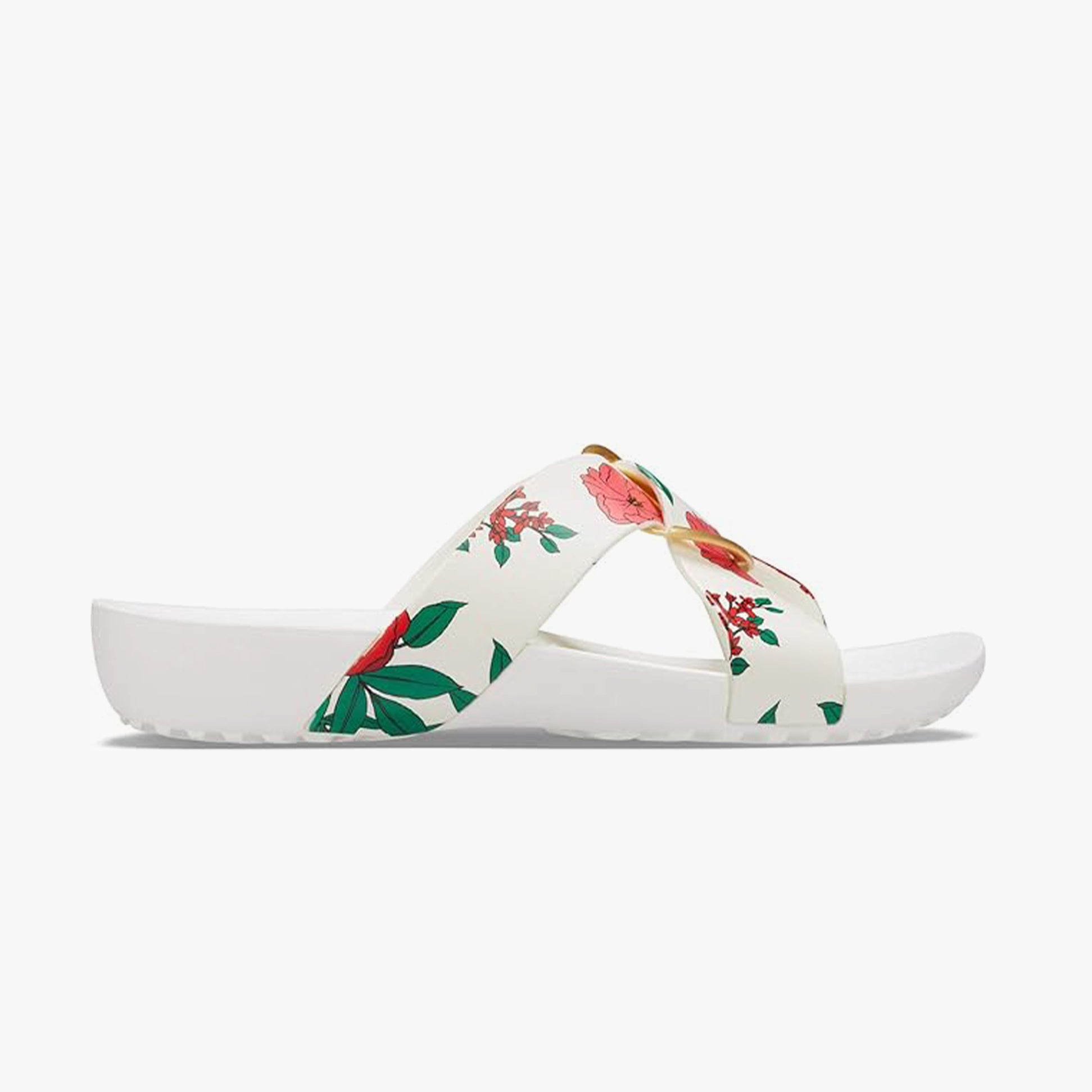 Crocs 206434-97E SERENA PRINTED CROSSBAND Womens Sandals Floral/White side view with floral pattern and white sole.