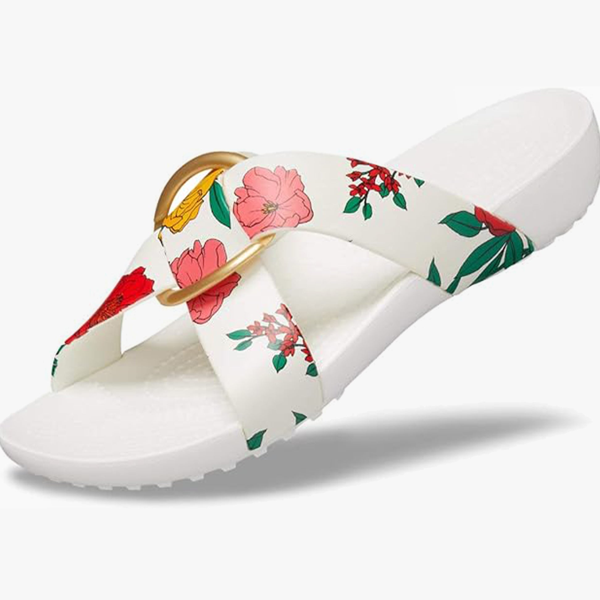 Crocs 206434-97E SERENA PRINTED CROSSBAND Womens Sandals Floral/White side view with floral design and gold accent.
