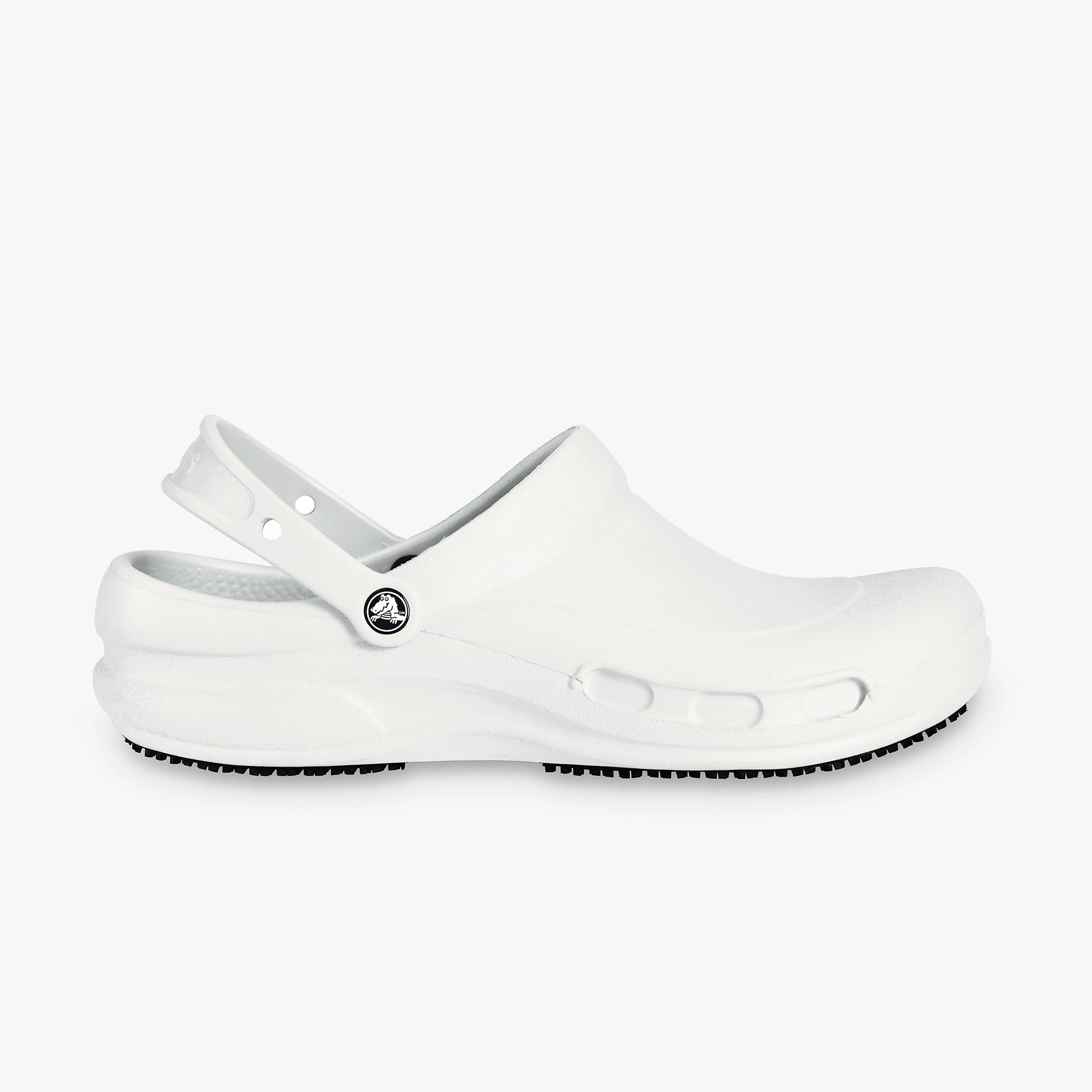 Side view of Crocs At Work BISTRO Unisex Slip-Resistant Work Clogs White, featuring a relaxed fit and slip-on design.