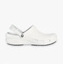 Side view of Crocs At Work BISTRO Unisex Slip-Resistant Work Clogs White, featuring a relaxed fit and slip-on design.