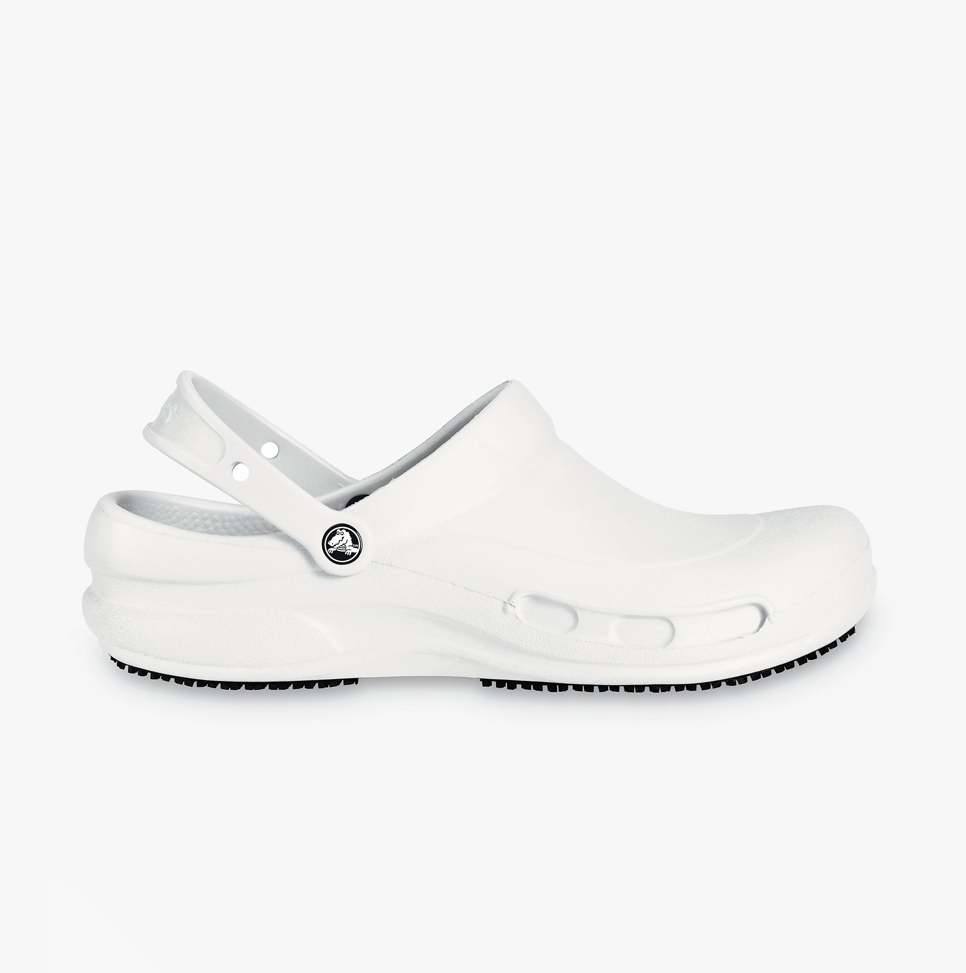 Side view of Crocs At Work BISTRO Unisex Slip-Resistant Work Clogs White, featuring a relaxed fit and slip-on design.