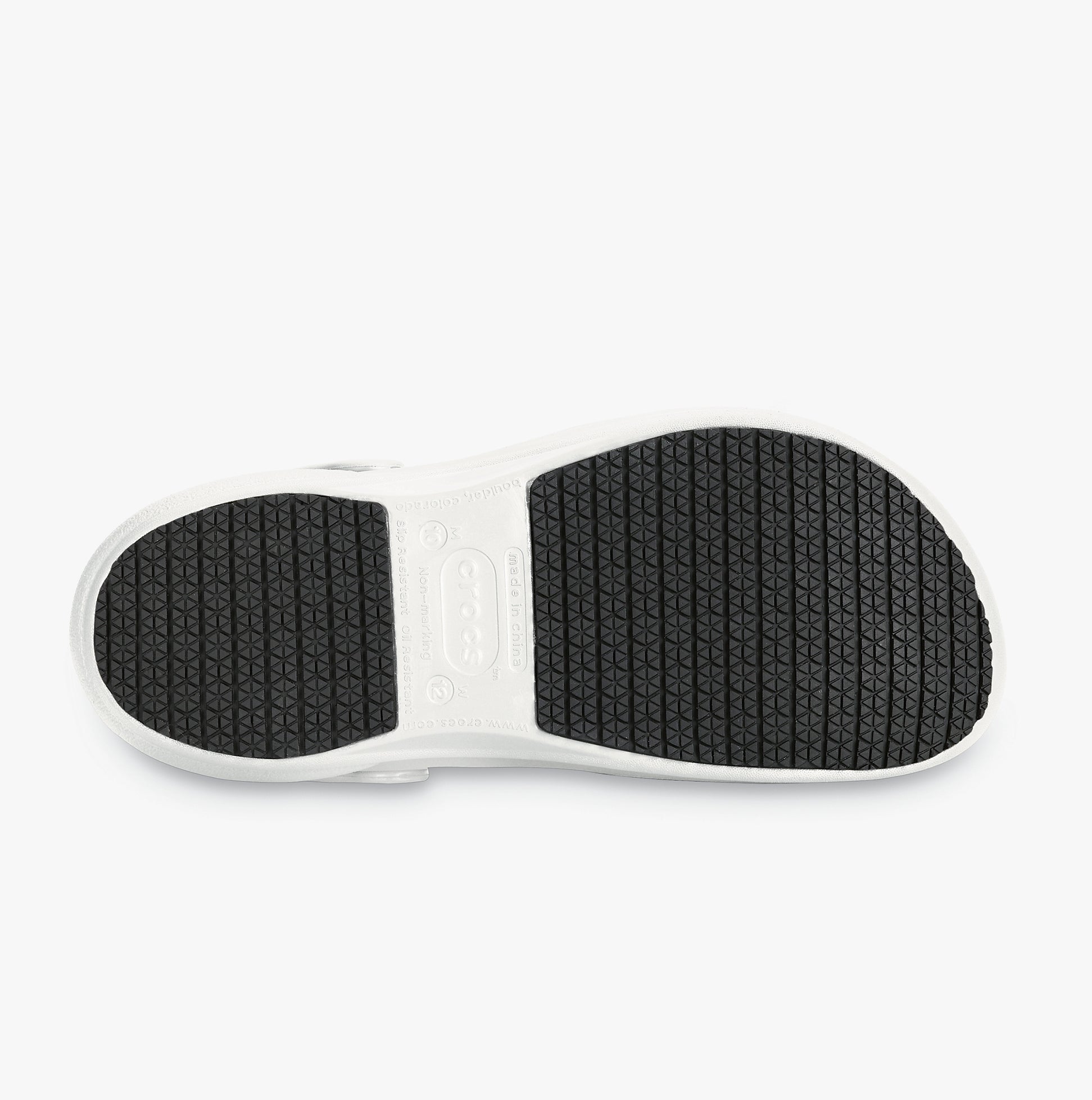 Crocs At Work BISTRO Unisex Slip-Resistant Work Clogs White bottom view showcasing durable slip-resistant sole.