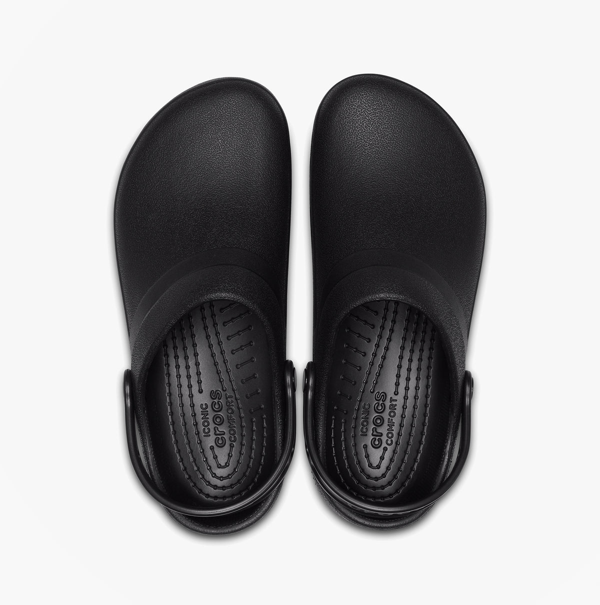 Top view of Crocs At Work SPECIALIST II Unisex Work Clogs Black, featuring a smooth black Croslite upper and comfortable lining.