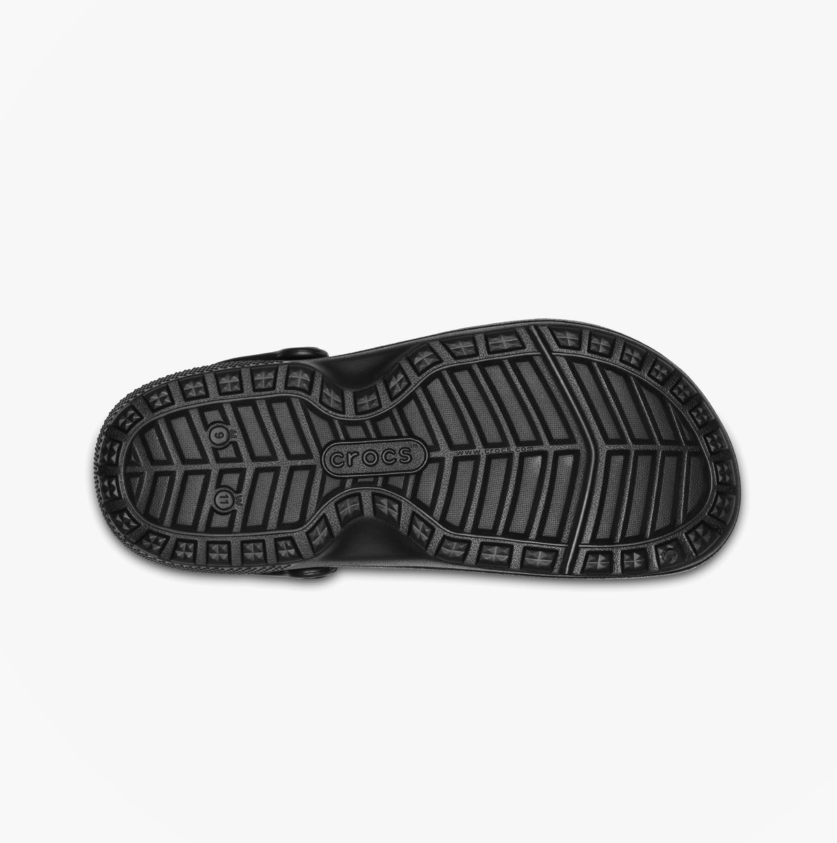 Crocs At Work SPECIALIST II Unisex Work Clogs Black bottom view showing tread pattern and grip.