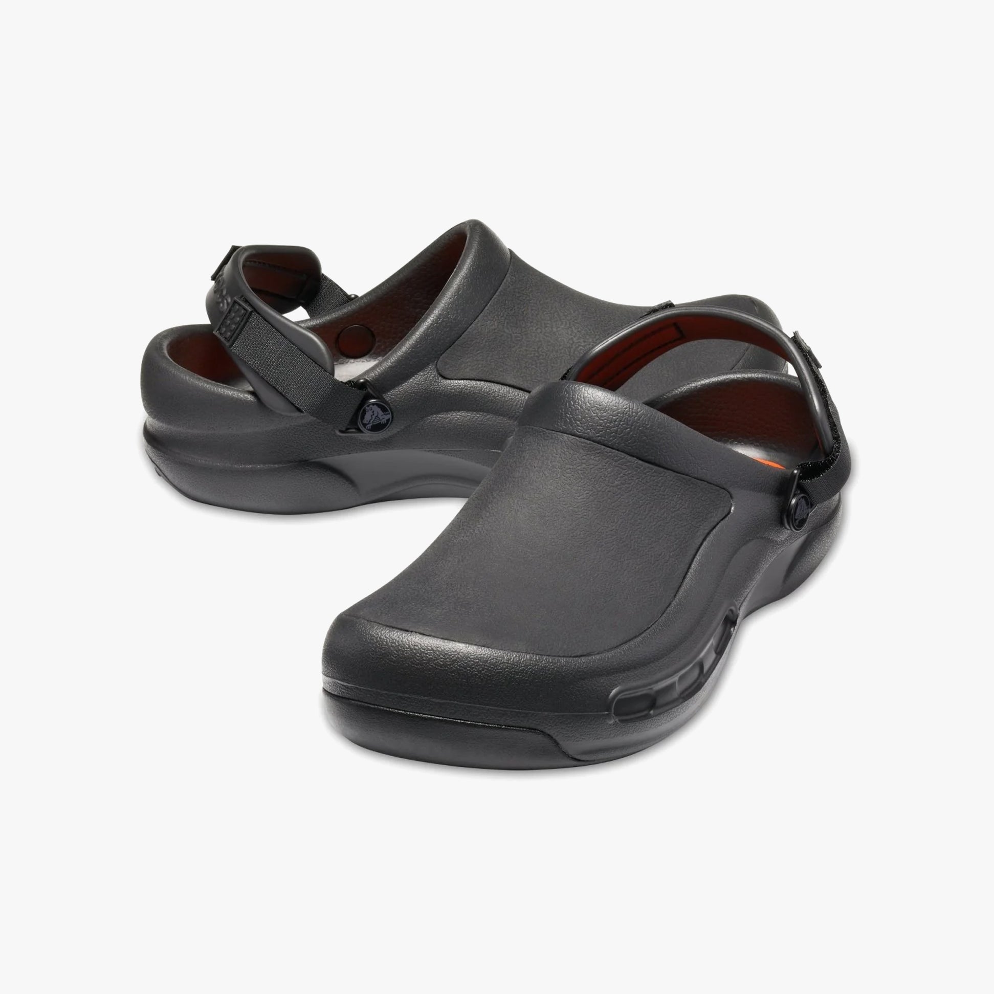 Crocs At Work BISTRO PRO LITERIDE Unisex Slip-Resistant Work Clogs Black side view with adjustable strap and rounded toe.