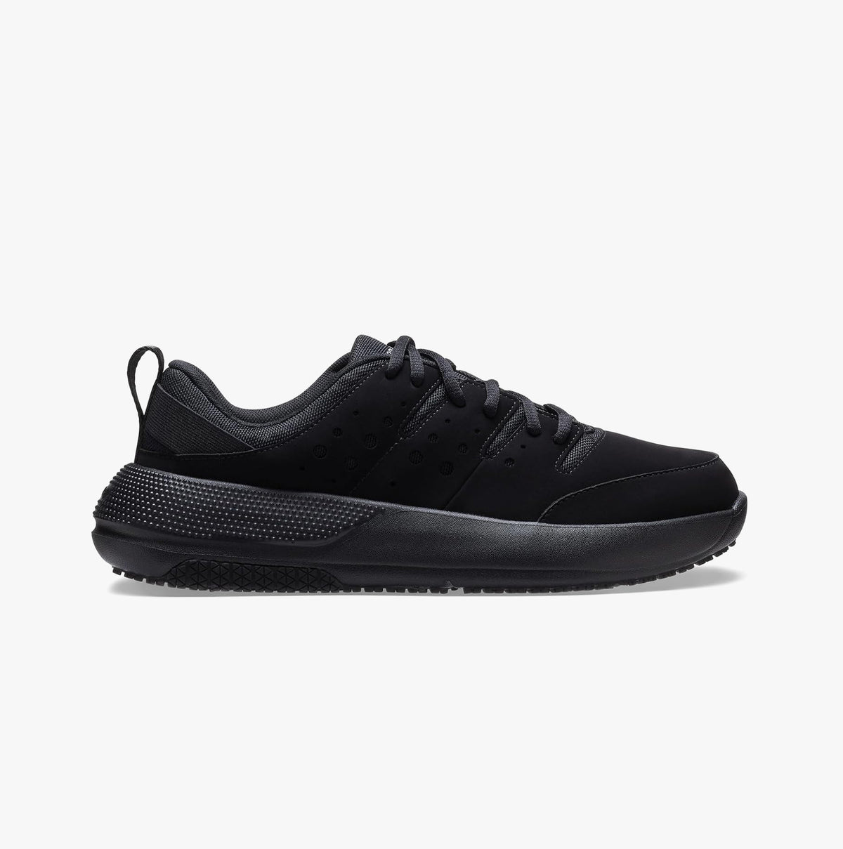 Crocs At Work ON THE CLOCK Mens Work Trainers Triple Black side view showing breathable nubuck upper and rubber sole.