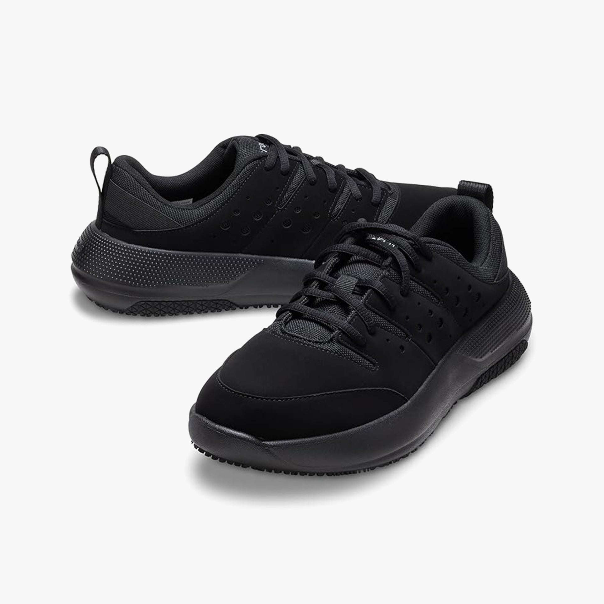 Crocs At Work ON THE CLOCK Mens Work Trainers Triple Black side view with low top design and lace-up closure.