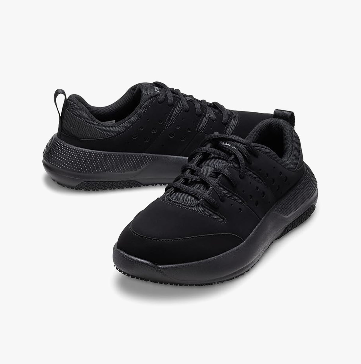 Crocs At Work ON THE CLOCK Mens Work Trainers Triple Black side view with low top design and lace-up closure.