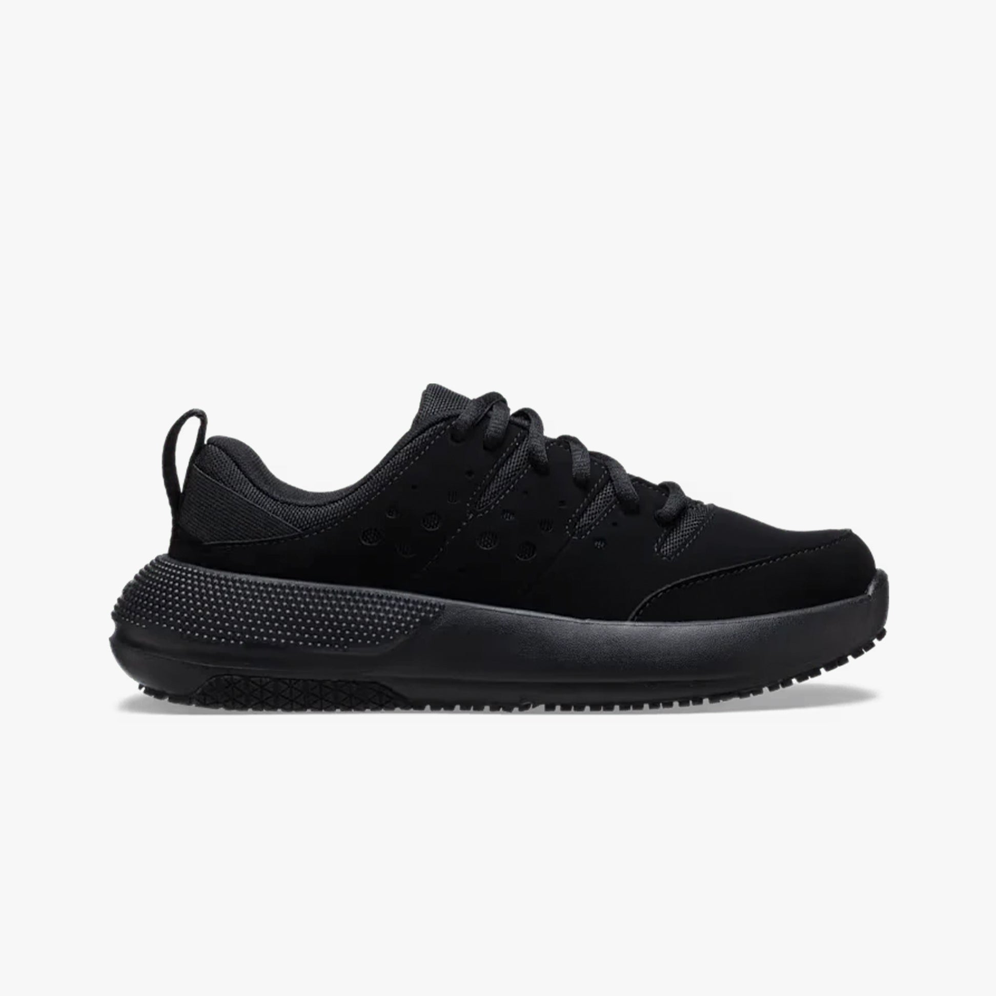 Crocs At Work ON THE CLOCK Womens Work Trainers Triple Black side view featuring black nubuck upper and rubber sole.