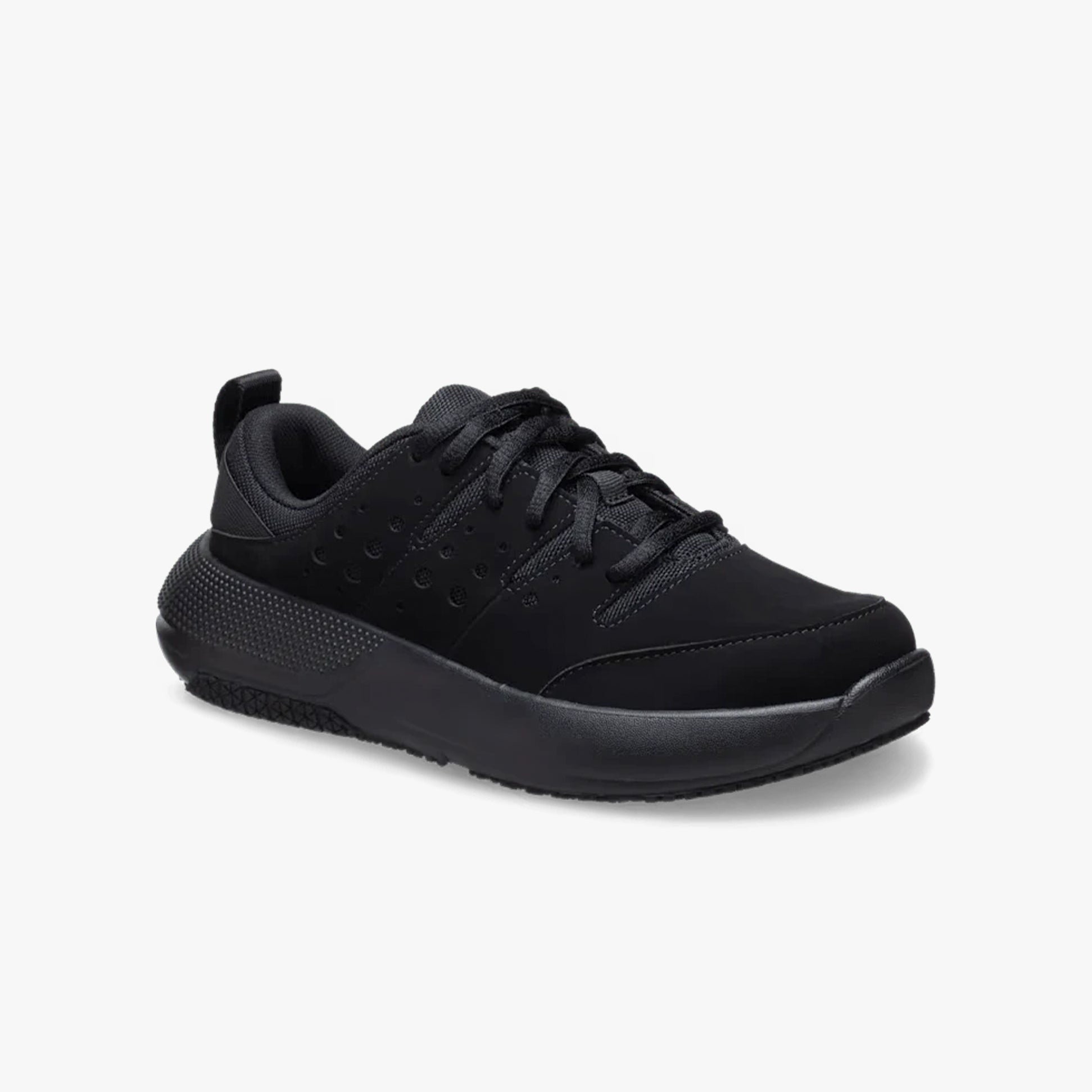 Crocs At Work ON THE CLOCK Womens Work Trainers Triple Black side view showing safety trainer design and details.
