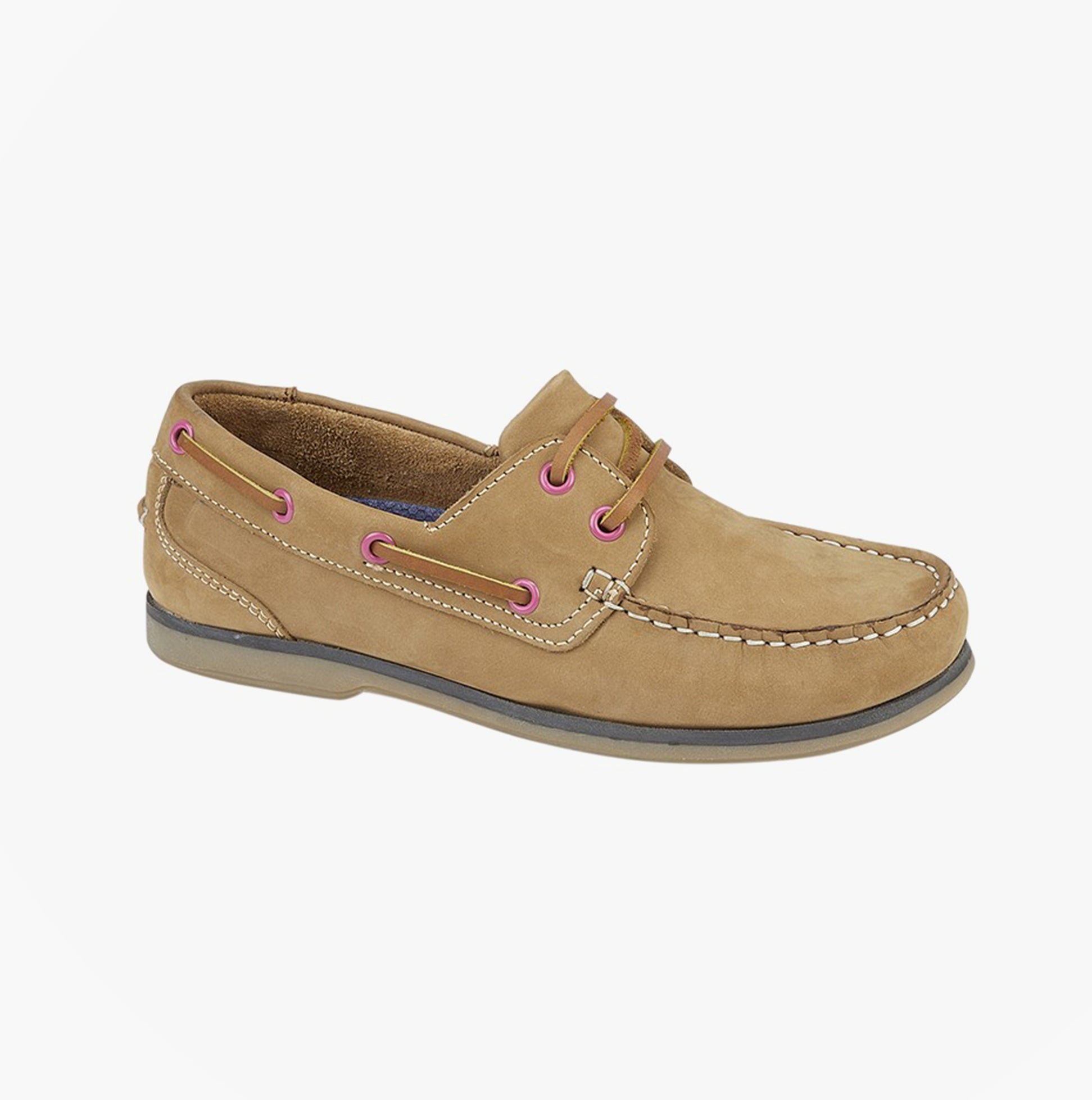 DEK L179TN Ladies Moccasin Boat Shoes Honey side view showcasing nubuck upper and lace-up design.
