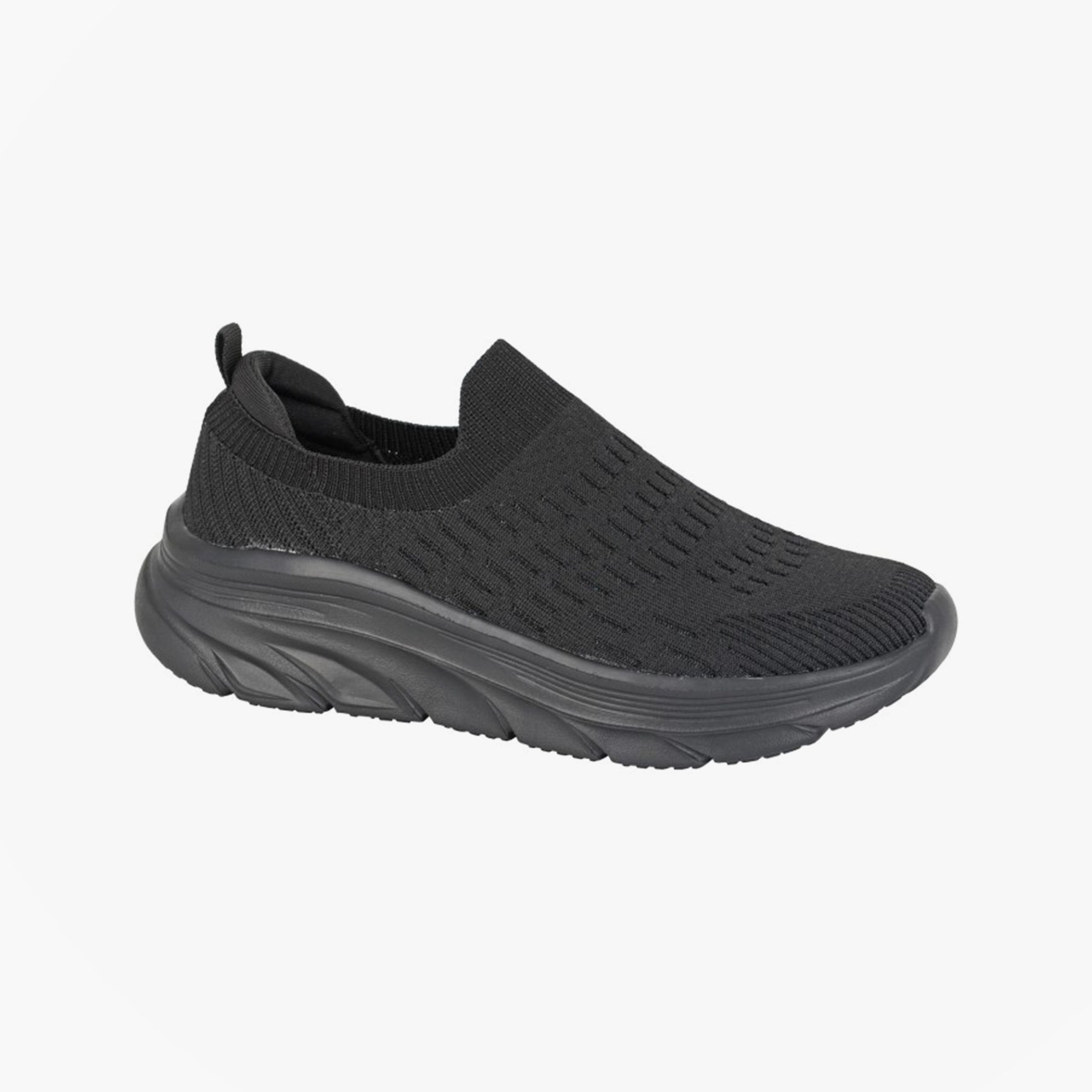 DEK KINGFISHER Womens Trainers Black side view, low top slip-on trainers with lightweight EVA sole and round toe.