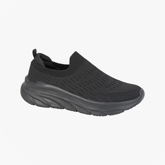 DEK KINGFISHER Womens Trainers Black side view, low top slip-on trainers with lightweight EVA sole and round toe.