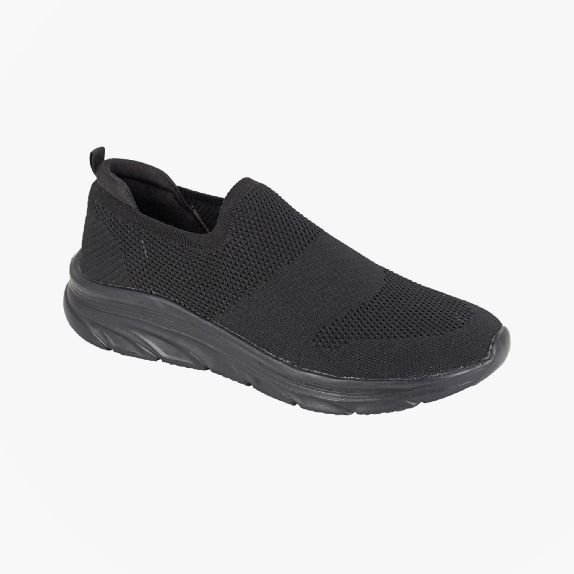 DEK M433A Mens Trainers Black side view, casual slip-on design, lightweight textile upper and synthetic sole.