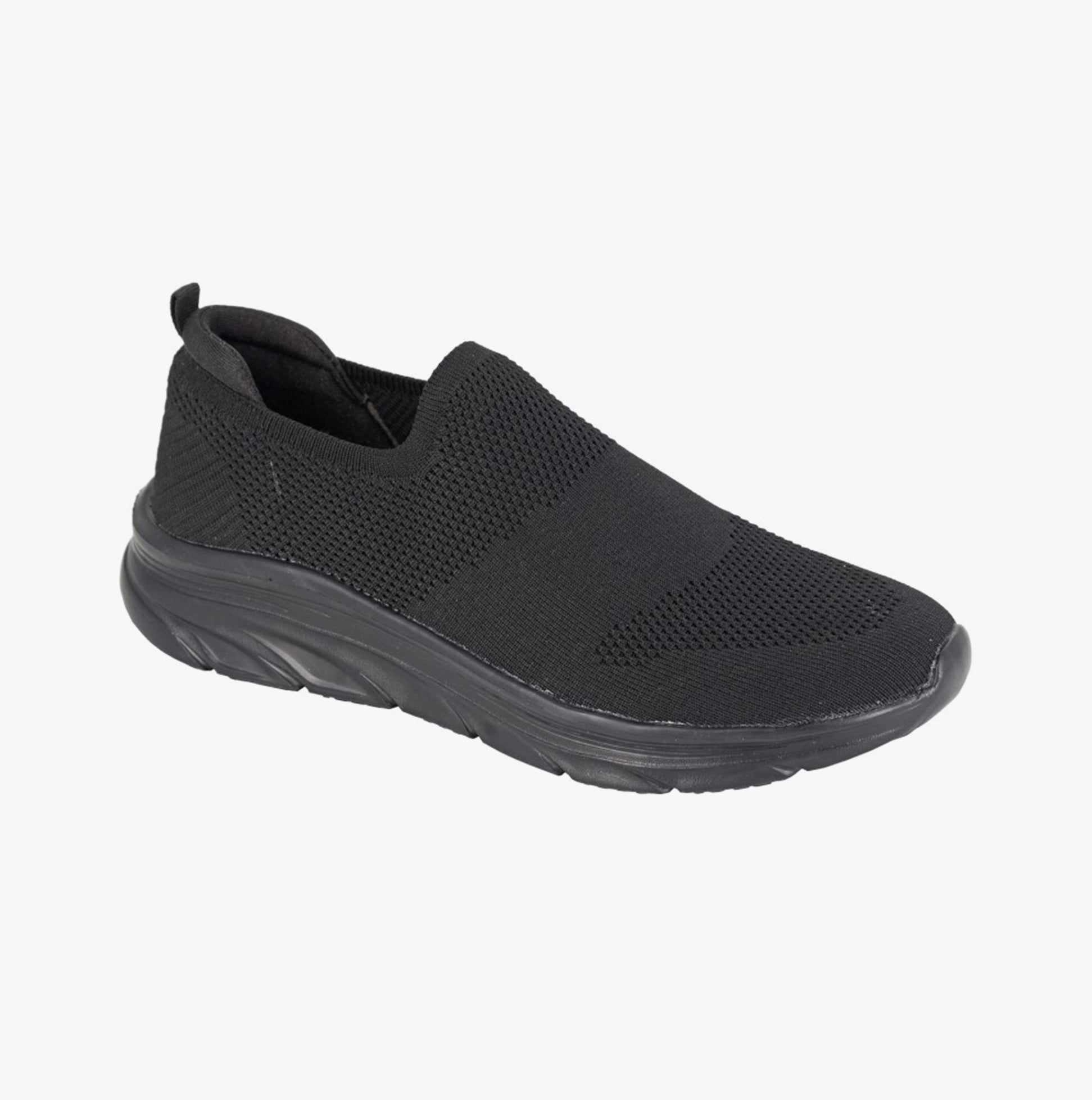 DEK M433A Mens Trainers Black side view, casual slip-on design, lightweight textile upper and synthetic sole.