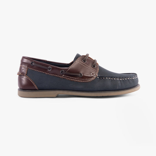 DEK RIVER Mens Leather Moccasin Boat Shoes Navy Blue/Brown