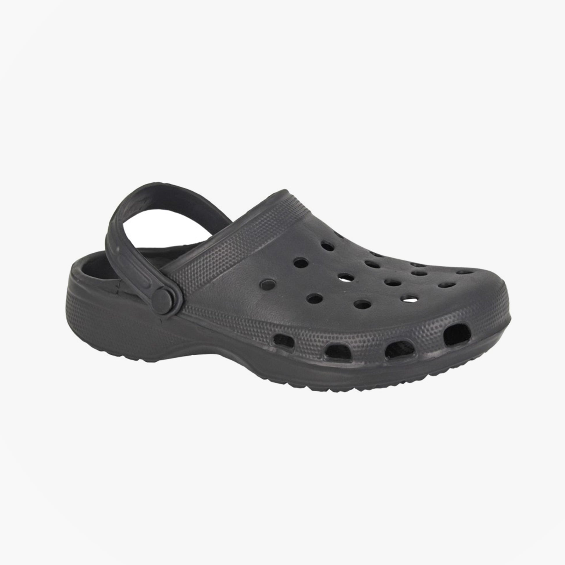 DEK FOAMSTEP Mens Clogs Black side view, featuring PVC upper material and slingback closure, lightweight design.