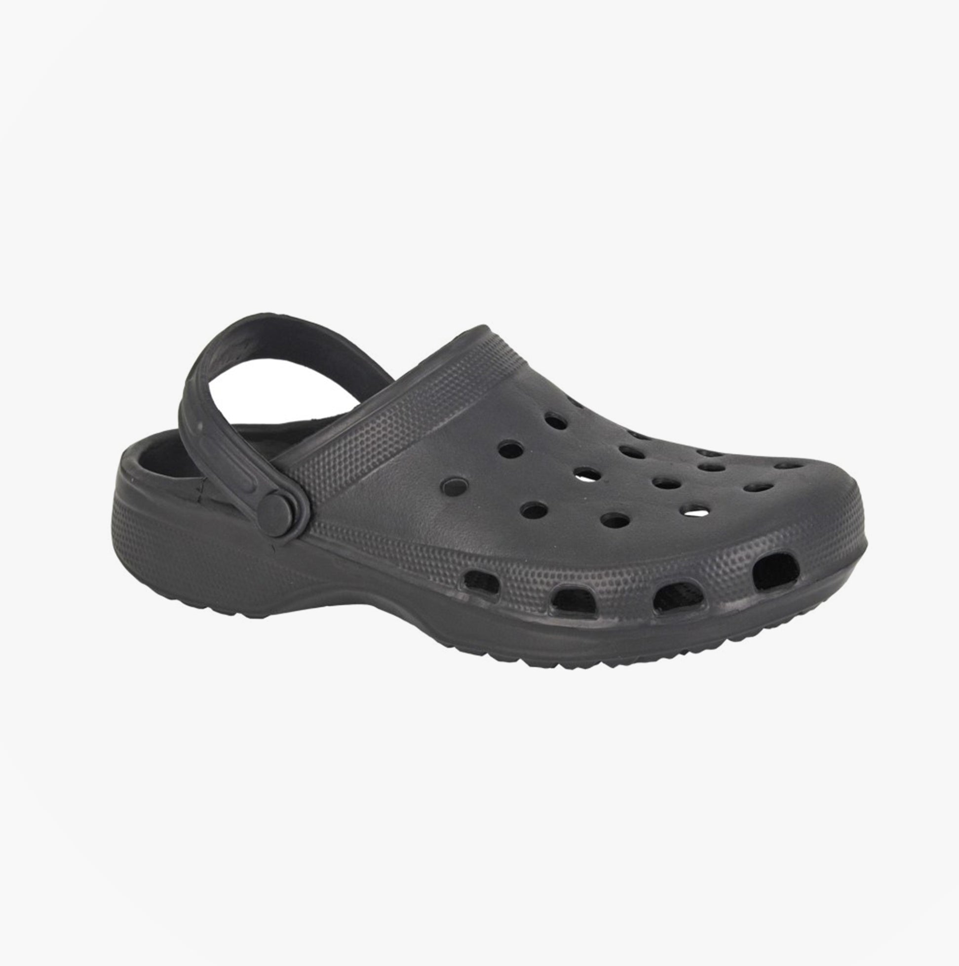 DEK FOAMSTEP Mens Clogs Black side view, featuring PVC upper material and slingback closure, lightweight design.
