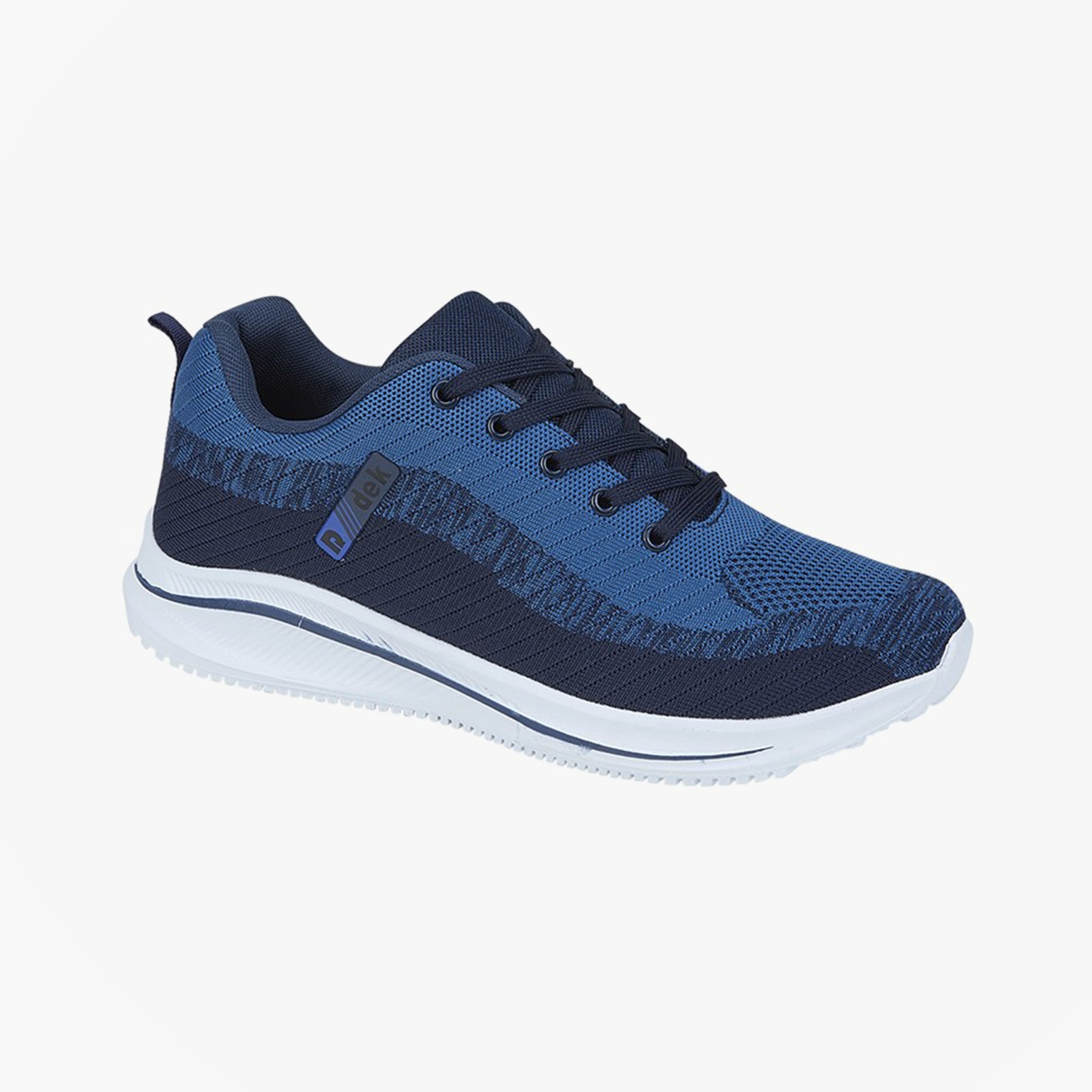 DEK ASTRA Mens Trainers Blue side view showcasing lightweight textile upper and lace-up closure.