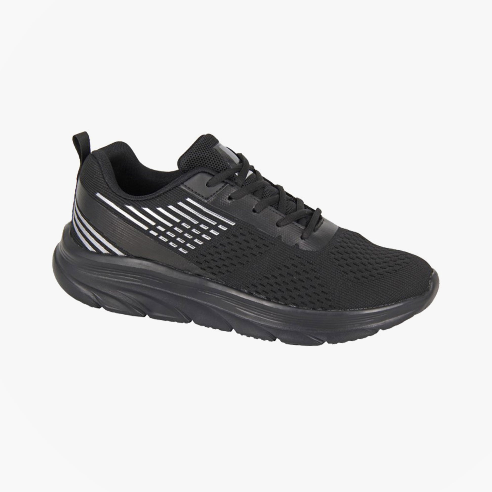 DEK KESTREL Mens Trainers Black side view, lightweight synthetic upper, lace-up closure, round toe design.