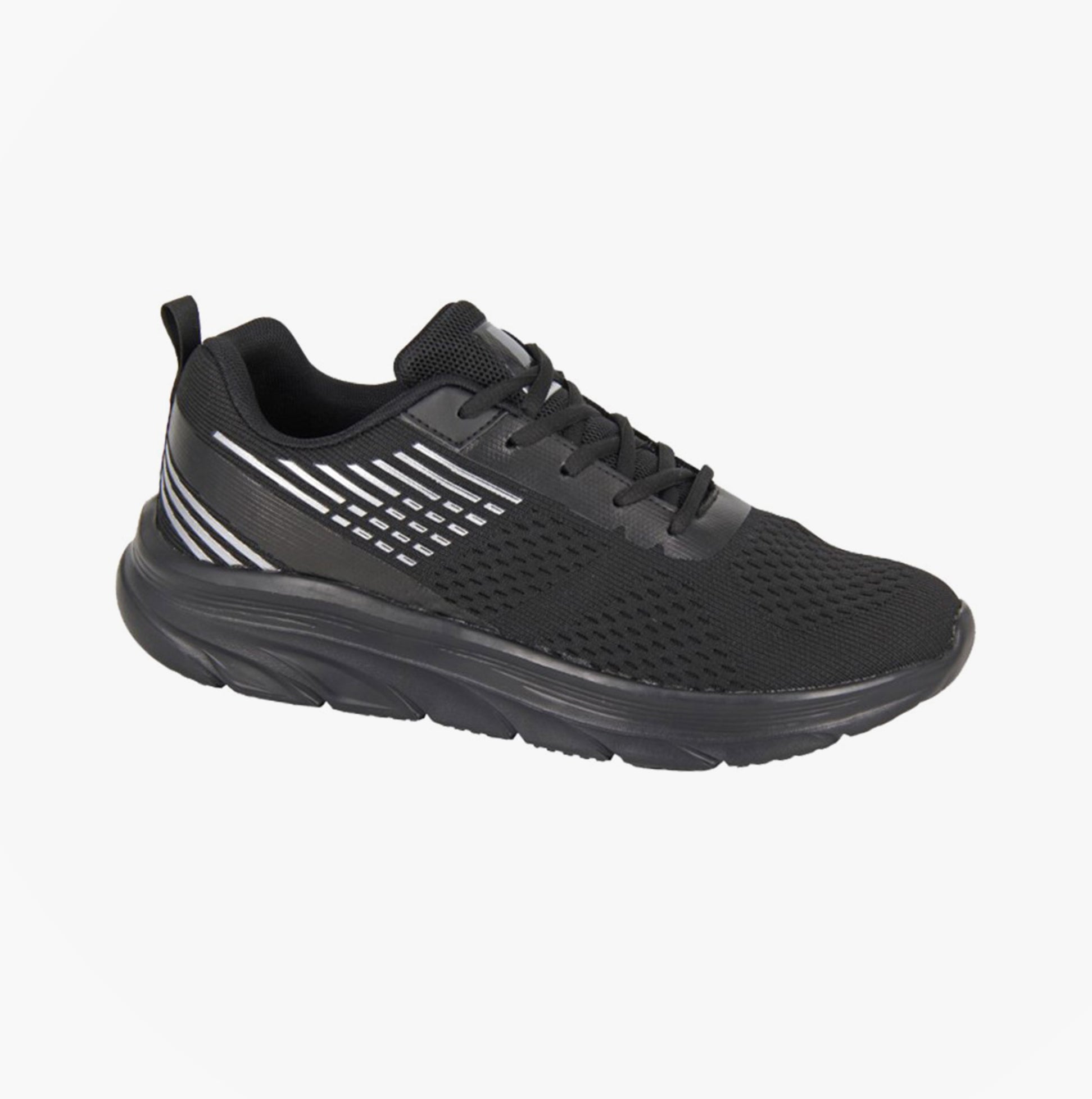 DEK KESTREL Mens Trainers Black side view, lightweight synthetic upper, lace-up closure, round toe design.