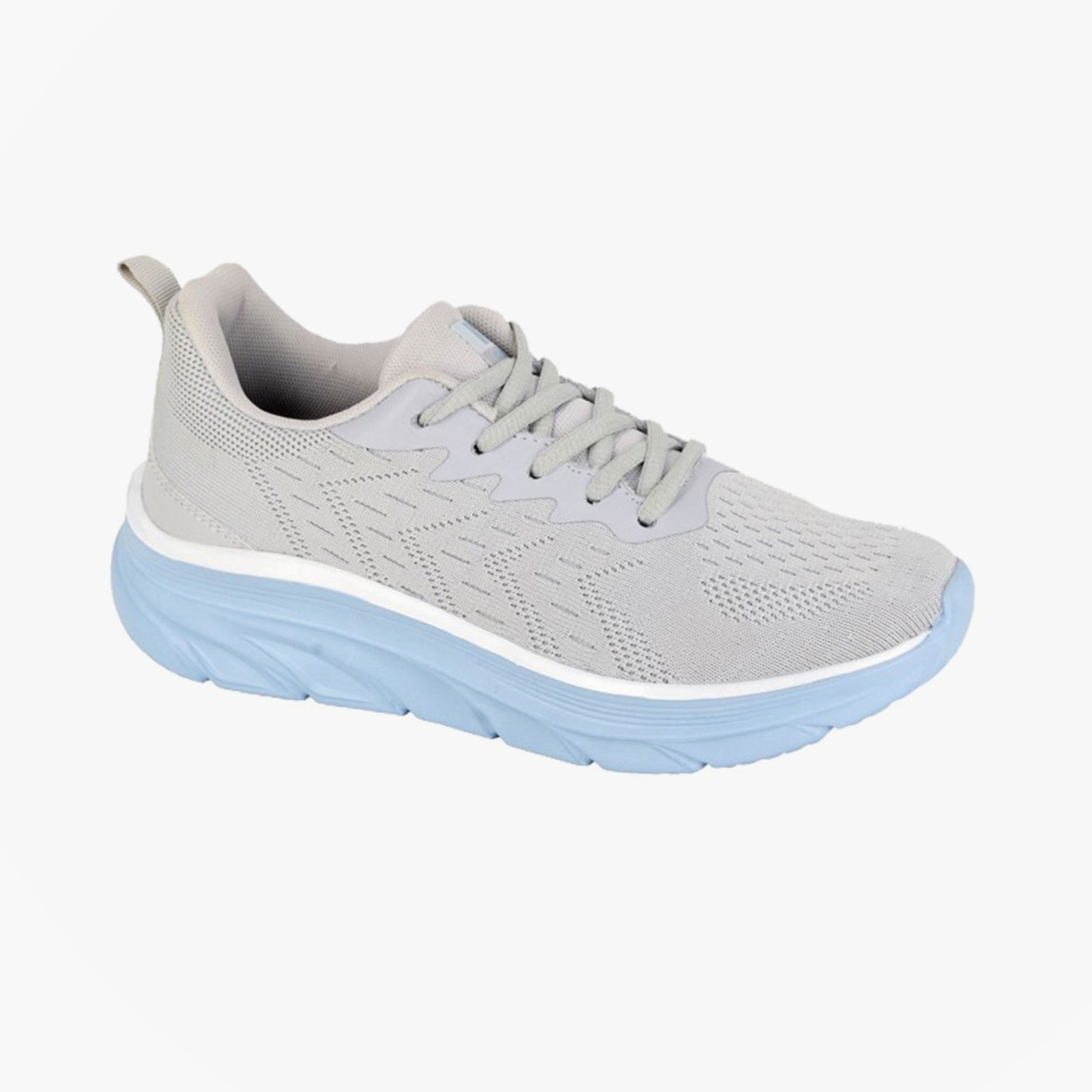 DEK HERON Womens Trainers Grey side view lightweight lace-up trainers with round toe and blue sole.