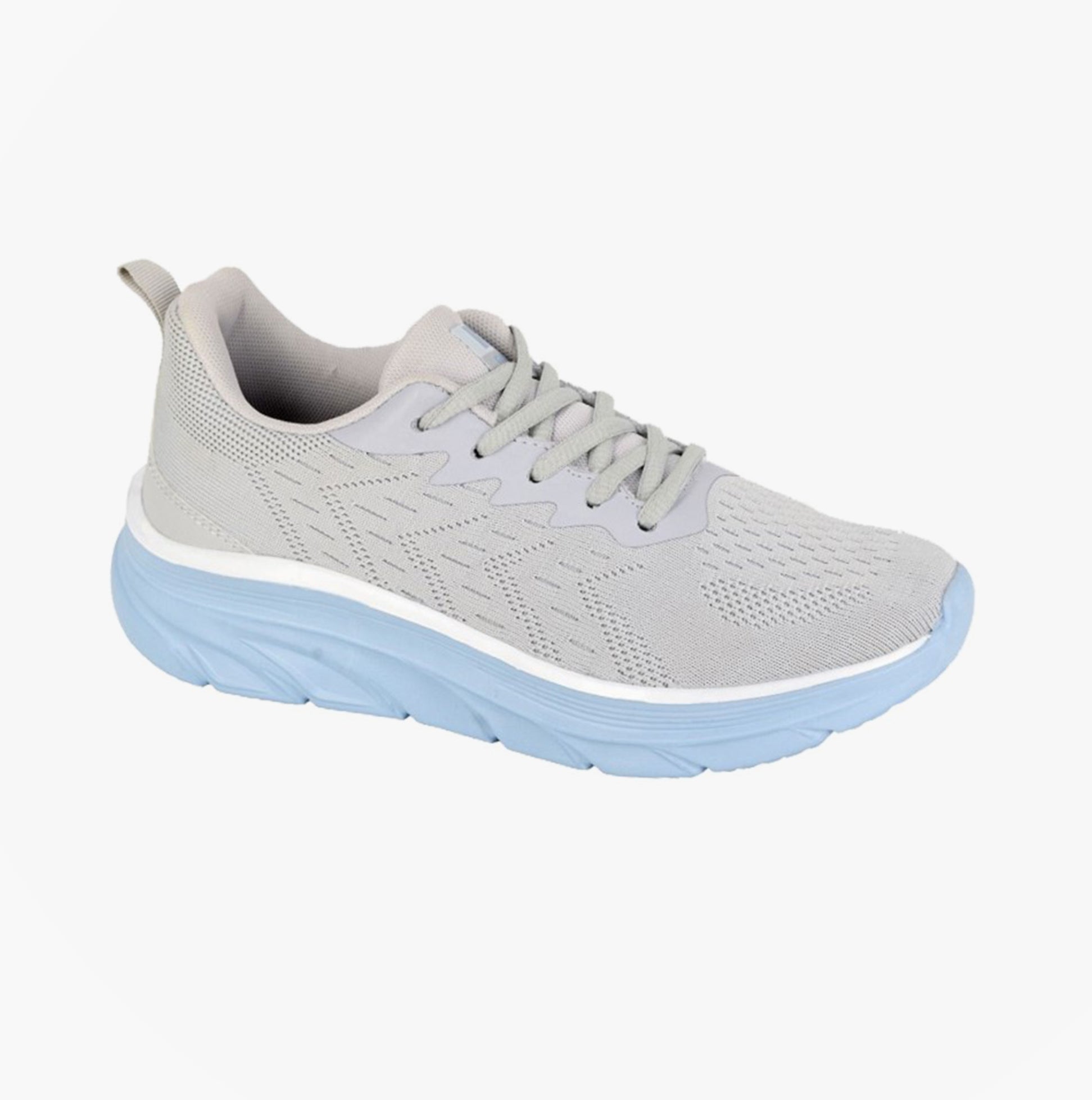 DEK HERON Womens Trainers Grey side view lightweight lace-up trainers with round toe and blue sole.
