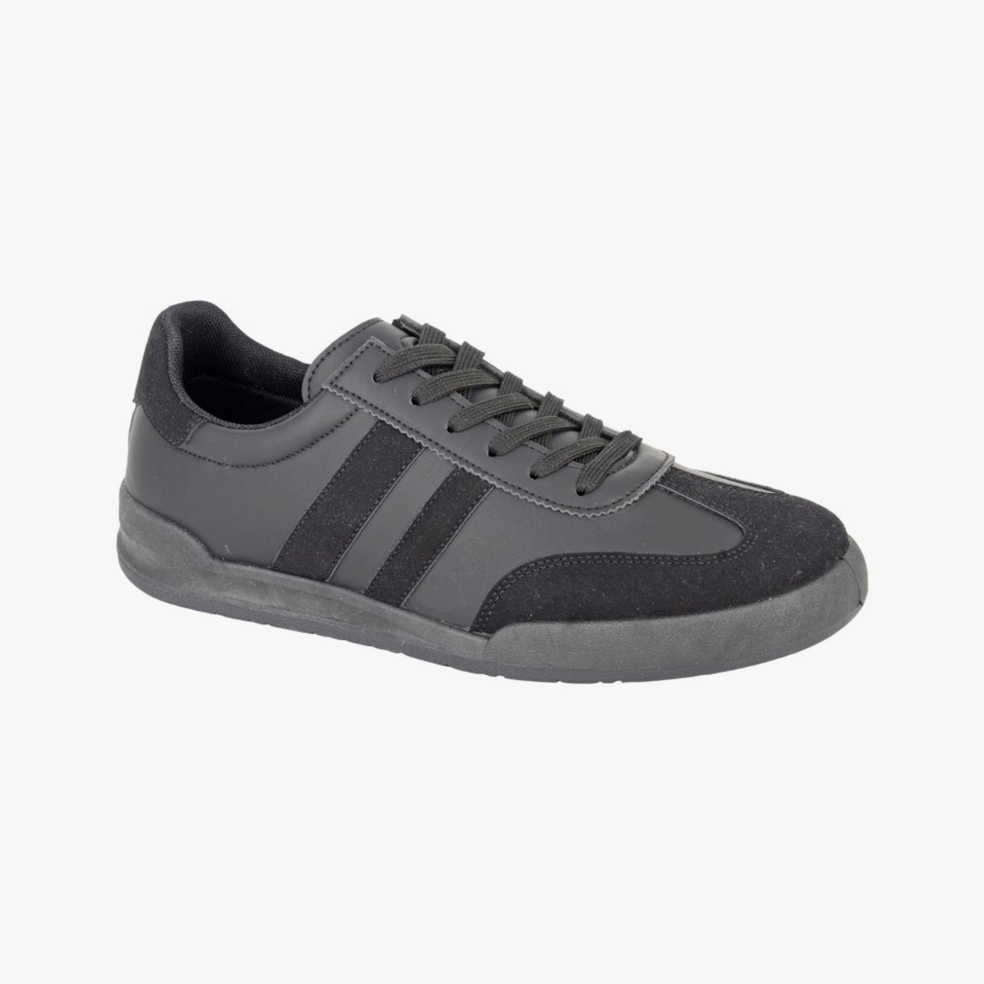 DEK KITE Mens Trainers All Black side view, casual style, lightweight, synthetic upper, lace-up closure.