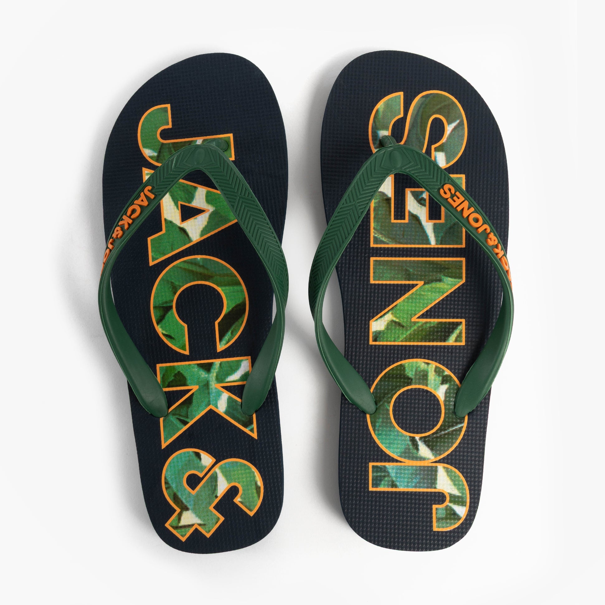 Jack & Jones LOGO PALM PRINT Mens Flip-Flops Navy Blazer top view showing logo design and green straps