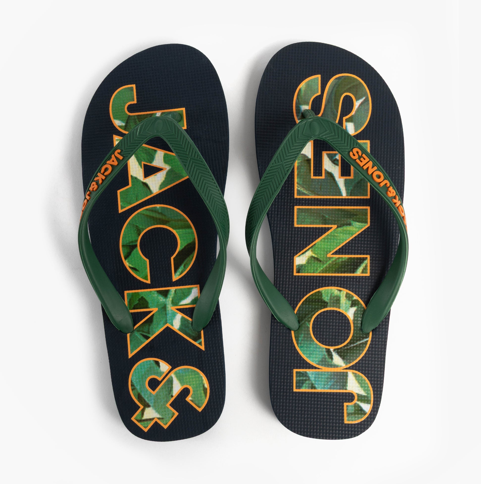 Jack & Jones LOGO PALM PRINT Mens Flip-Flops Navy Blazer top view showing logo design and green straps