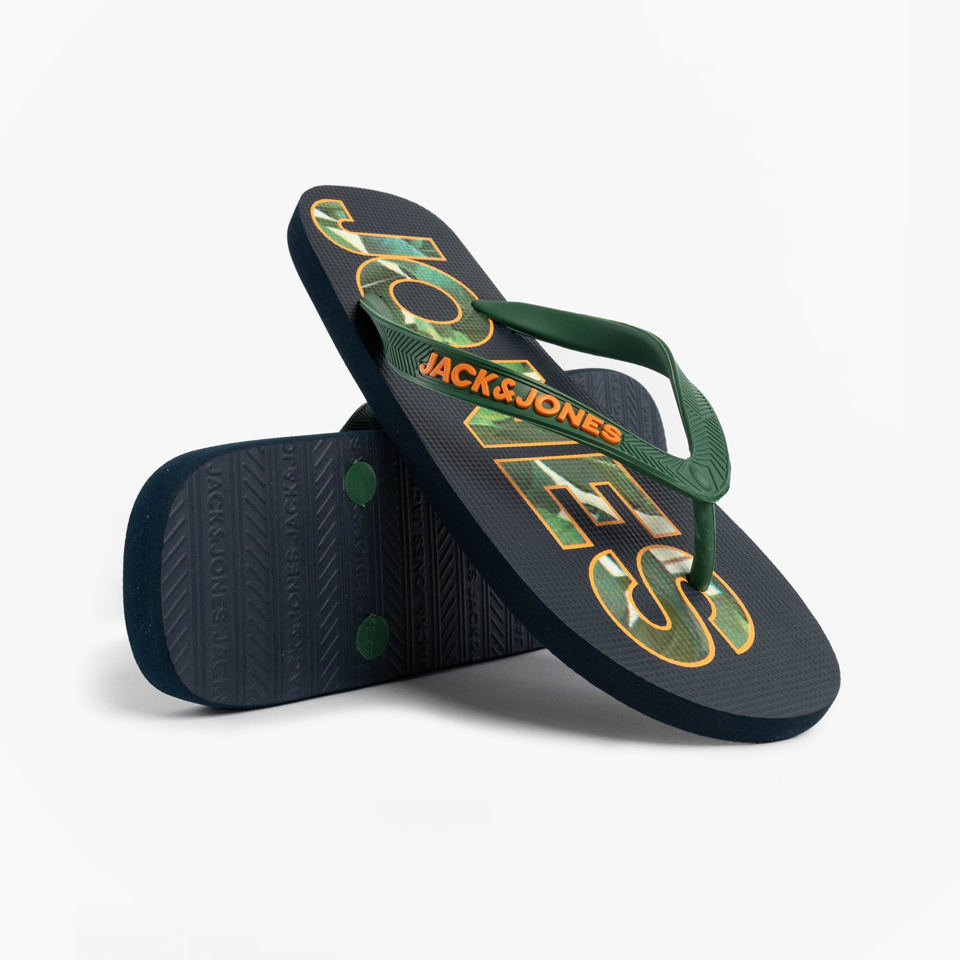 Jack & Jones LOGO PALM PRINT Mens Flip-Flops Navy Blazer top view with green straps and logo detail.