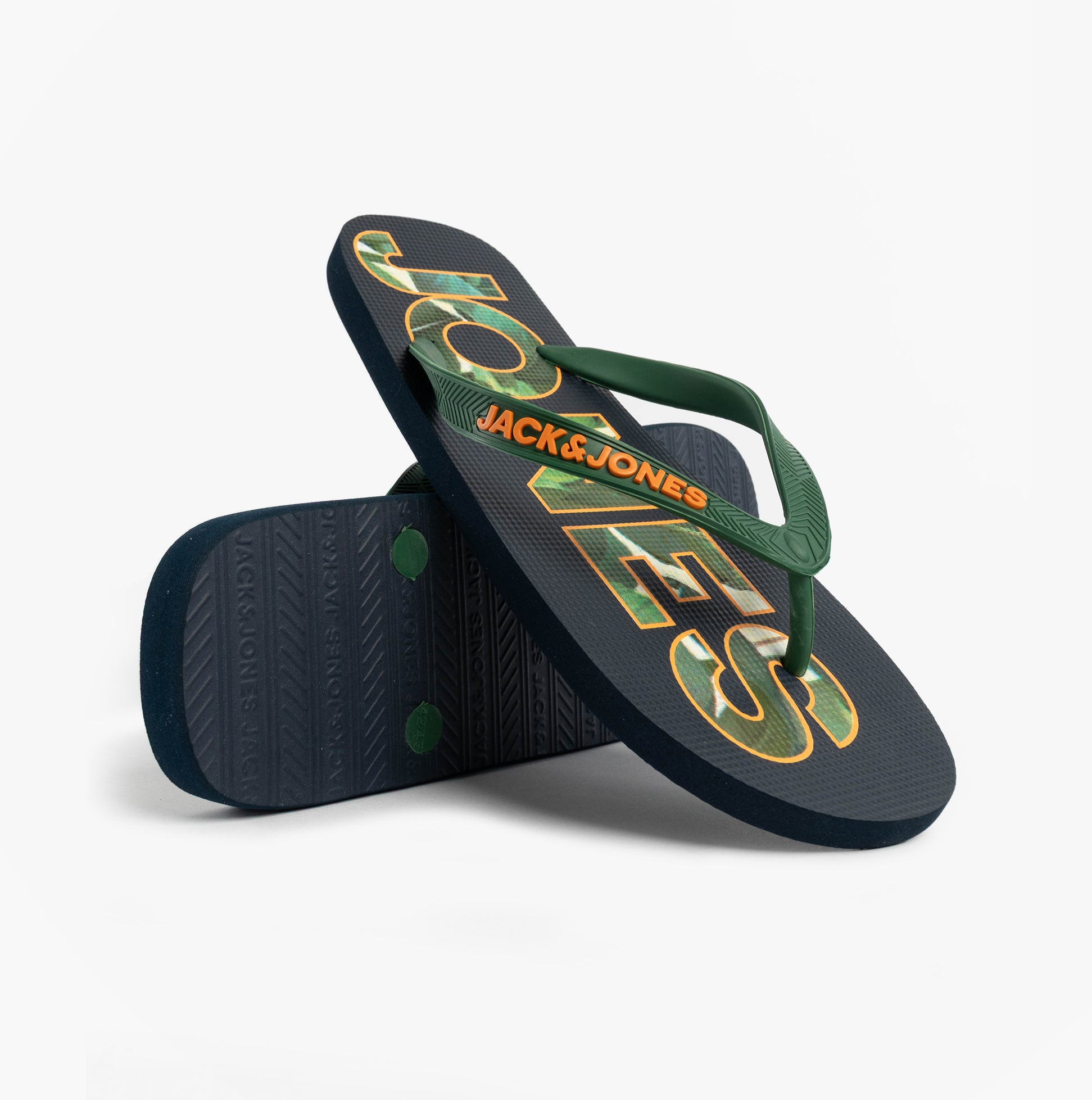Jack & Jones LOGO PALM PRINT Mens Flip-Flops Navy Blazer top view with green straps and logo detail.