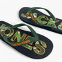 Jack & Jones LOGO PALM PRINT Mens Flip-Flops Navy Blazer top view showcasing green straps and vibrant logo design.