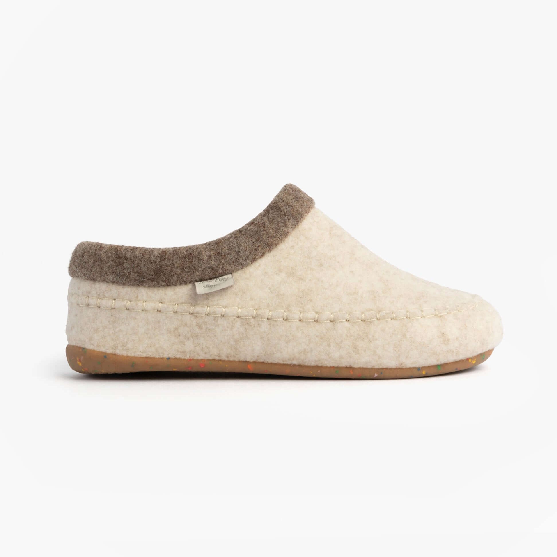 Toni Pons ALBONS Womens Wedge Mule Slippers Beige side view of felt upper with brown trim and rubber sole
