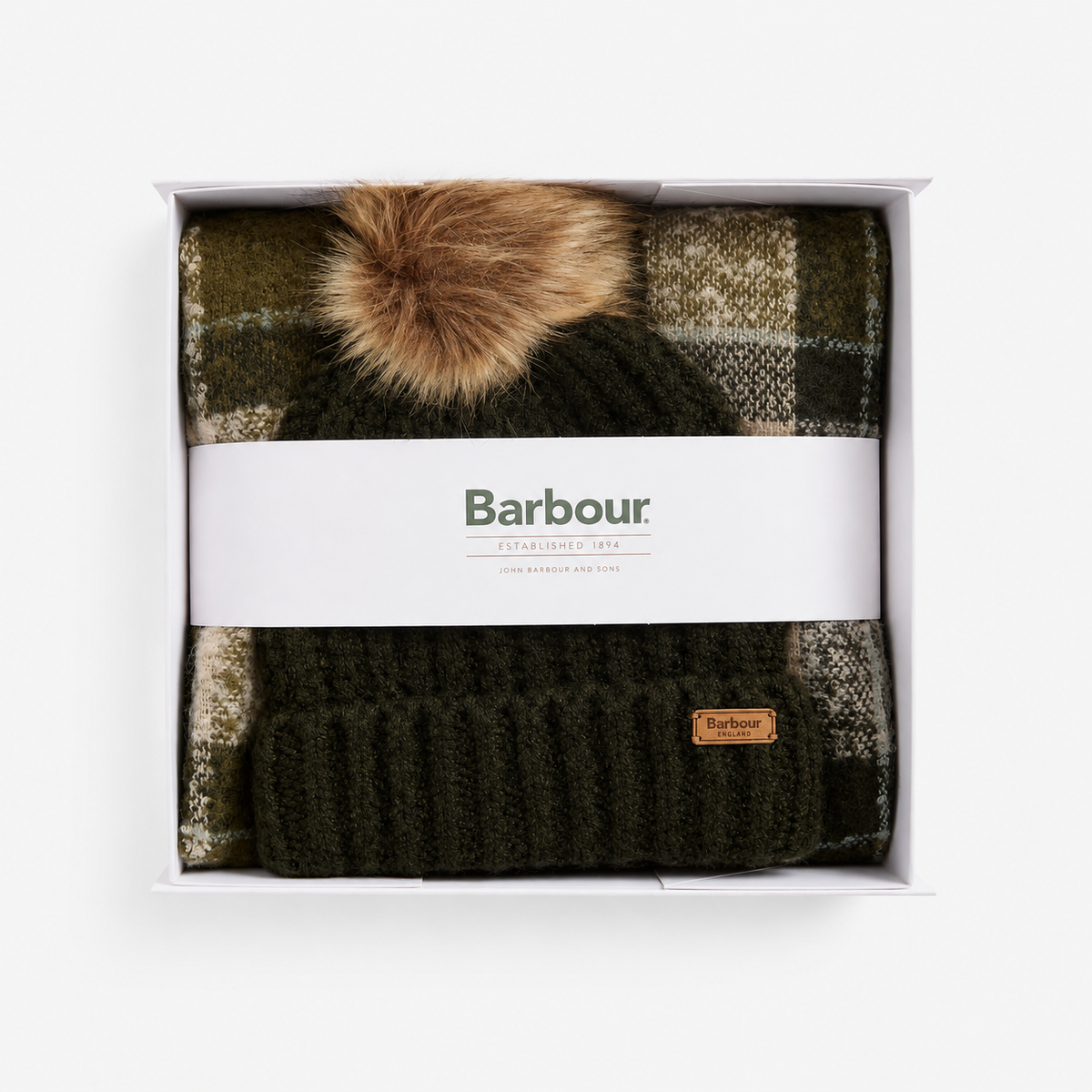 Barbour SALTBURN BEANIE & TARTAN SCARF GIFT SET Womens Beanie Ancient Loden/Dark Green