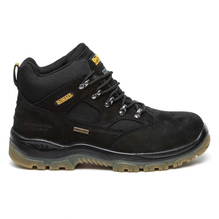 Dewalt CHALLENGER Unisex Boots Black side view showing safety boots with rubber sole and lace-up design.