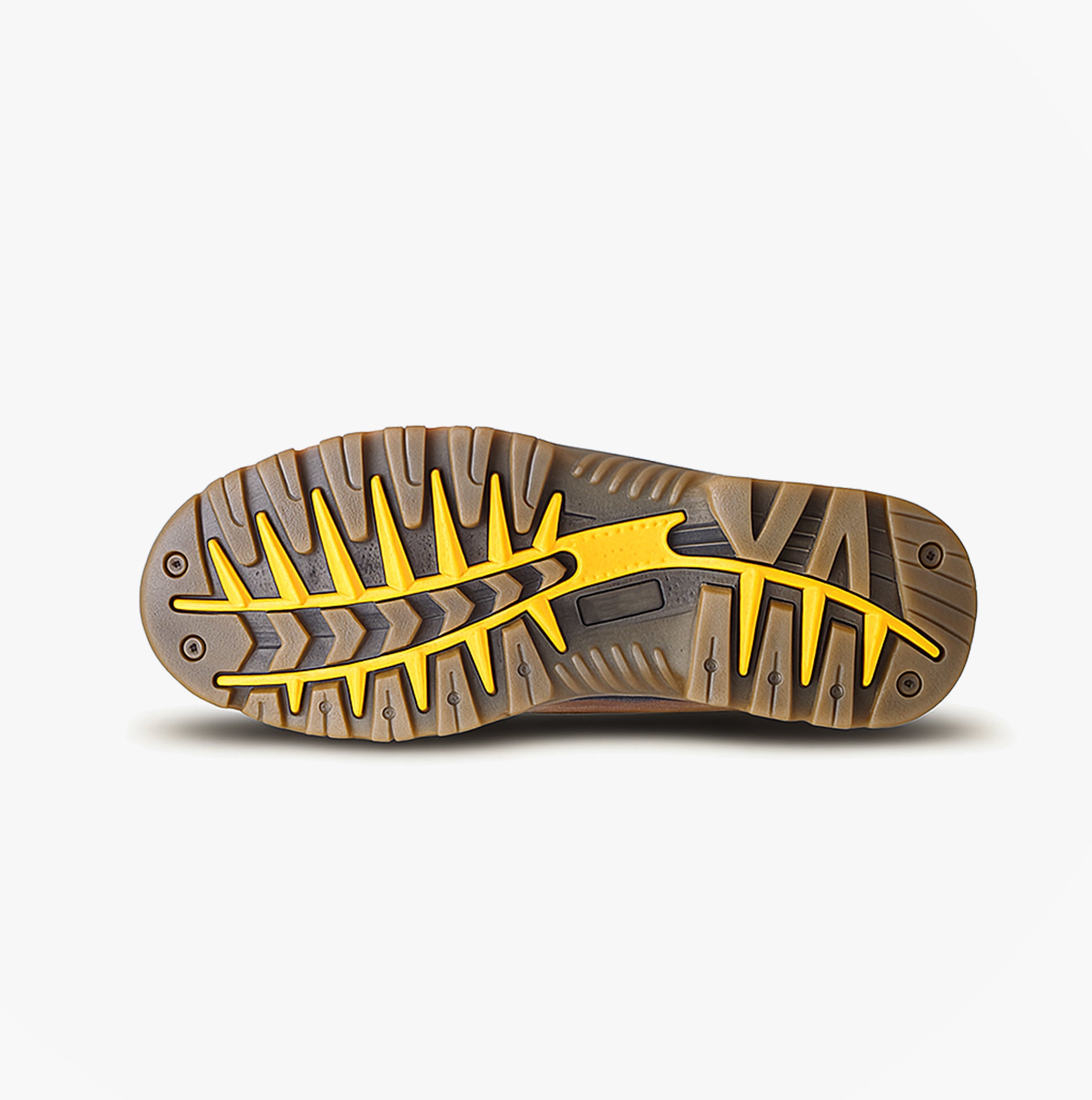 Dewalt CHALLENGER Mens Boots Brown outsole view featuring rubber sole with yellow and brown patterns.