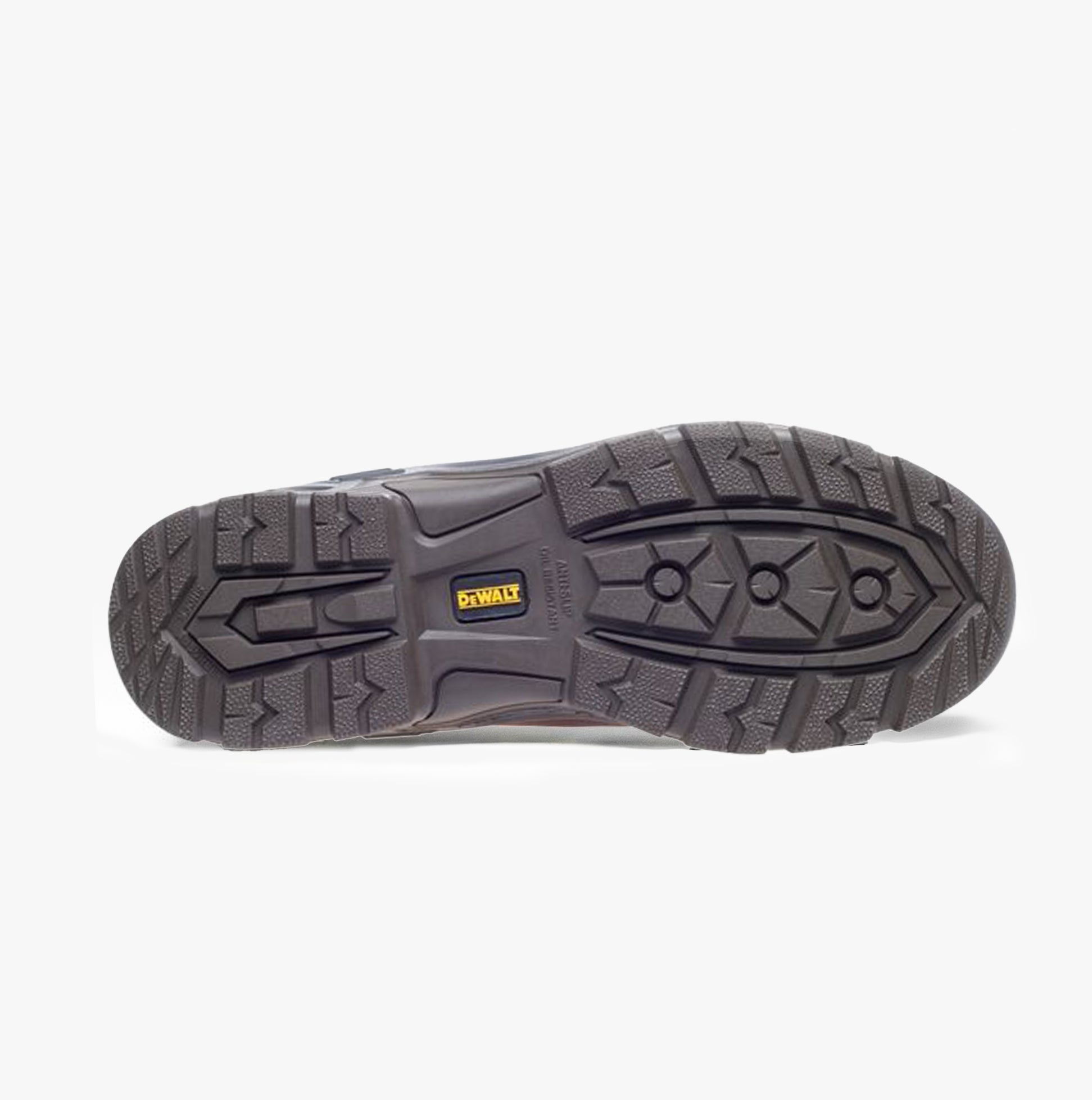 Dewalt DOUGLAS Mens Boots Black sole view, featuring rubber sole with traction pattern and brand logo.