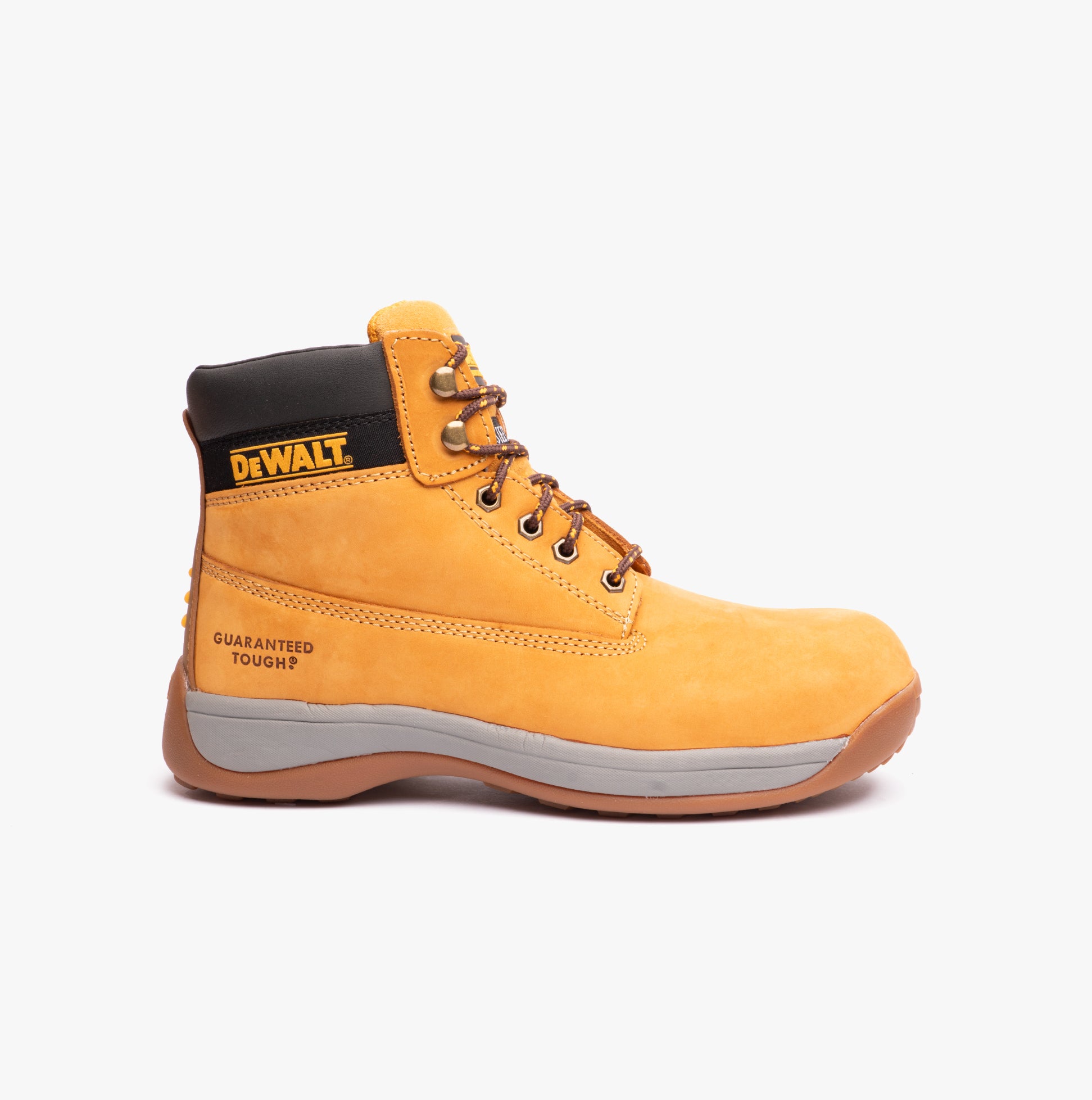 Yellow work boot with black accent on a white background