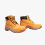 Pair of yellow work boots with black accents on a white background