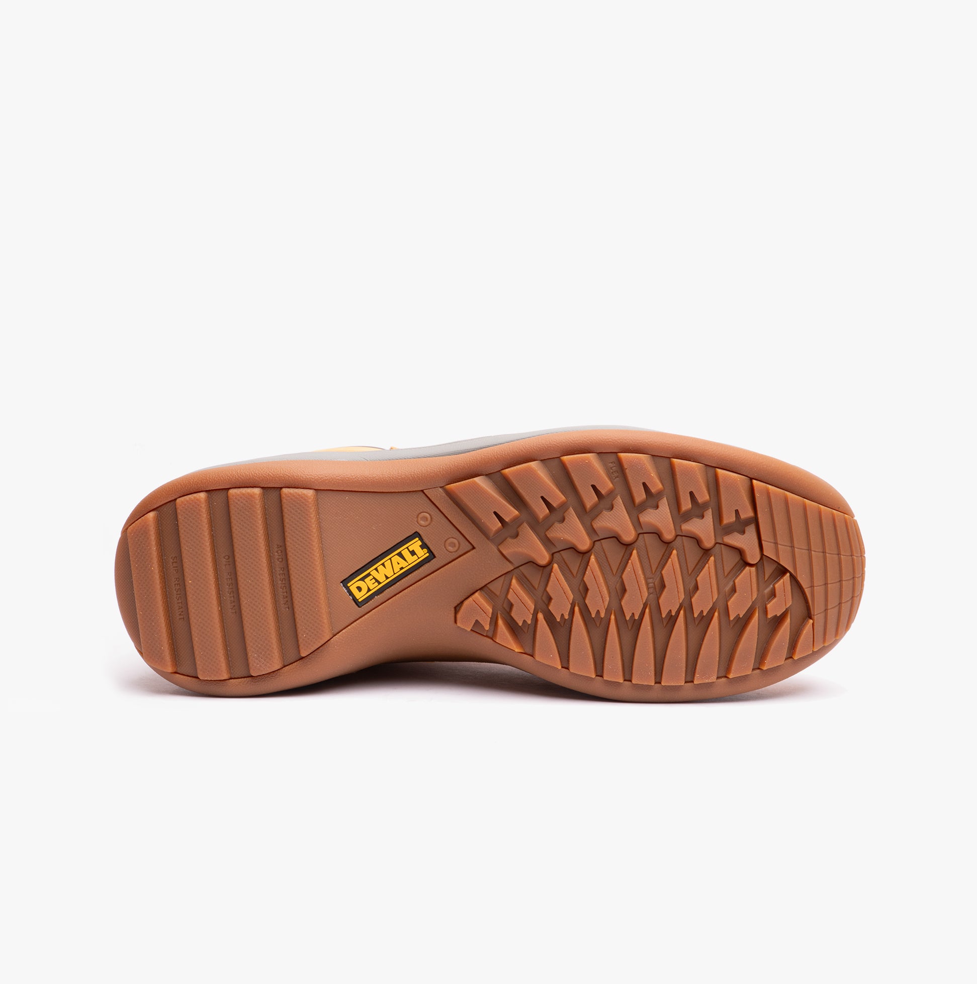 Brown shoe sole with a visible brand logo on a white background