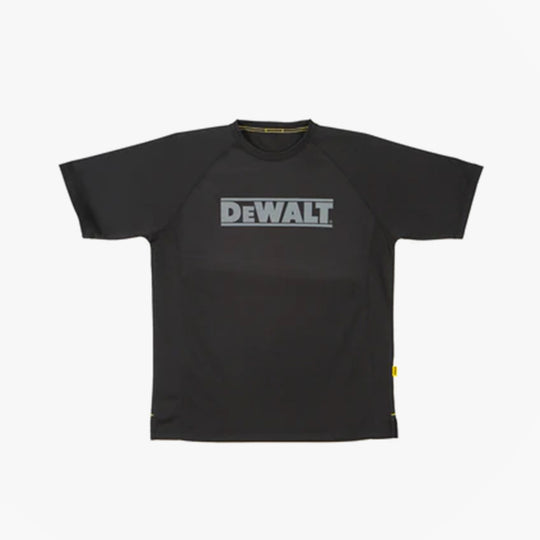 Dewalt EASTON Mens T Shirt Black front view featuring reflective DeWalt detail and moisture-wicking properties.