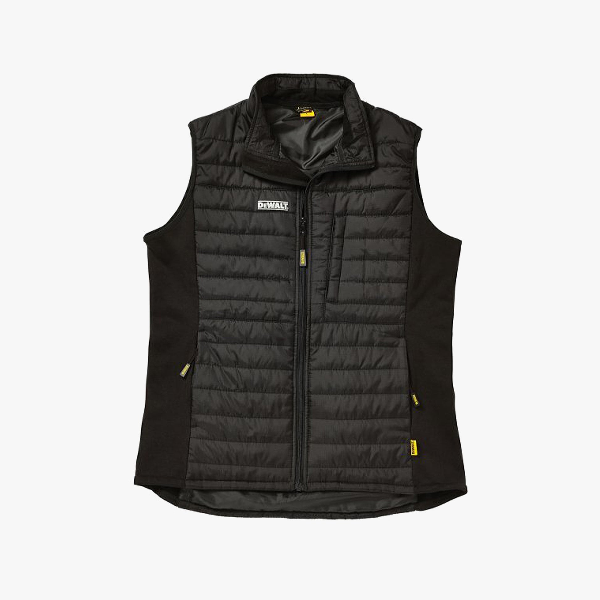 Dewalt FORCE Mens Gilet Black front view, lightweight nylon rip-stop fabric, zip fastening, reflective branding, slim fit.