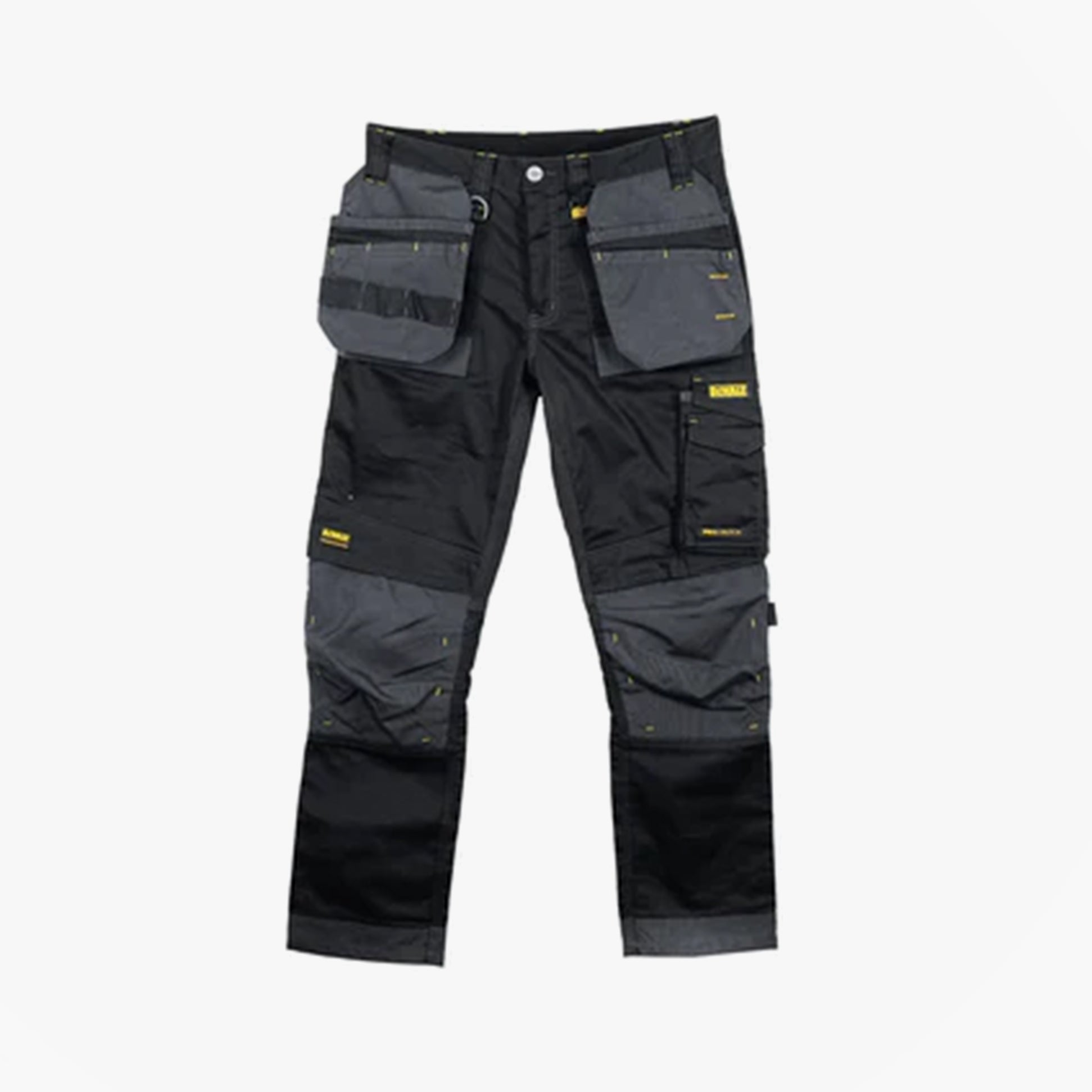 Dewalt HARRISON Mens Trousers Black Grey front view showcasing multiple pockets and reinforced knee pad areas.